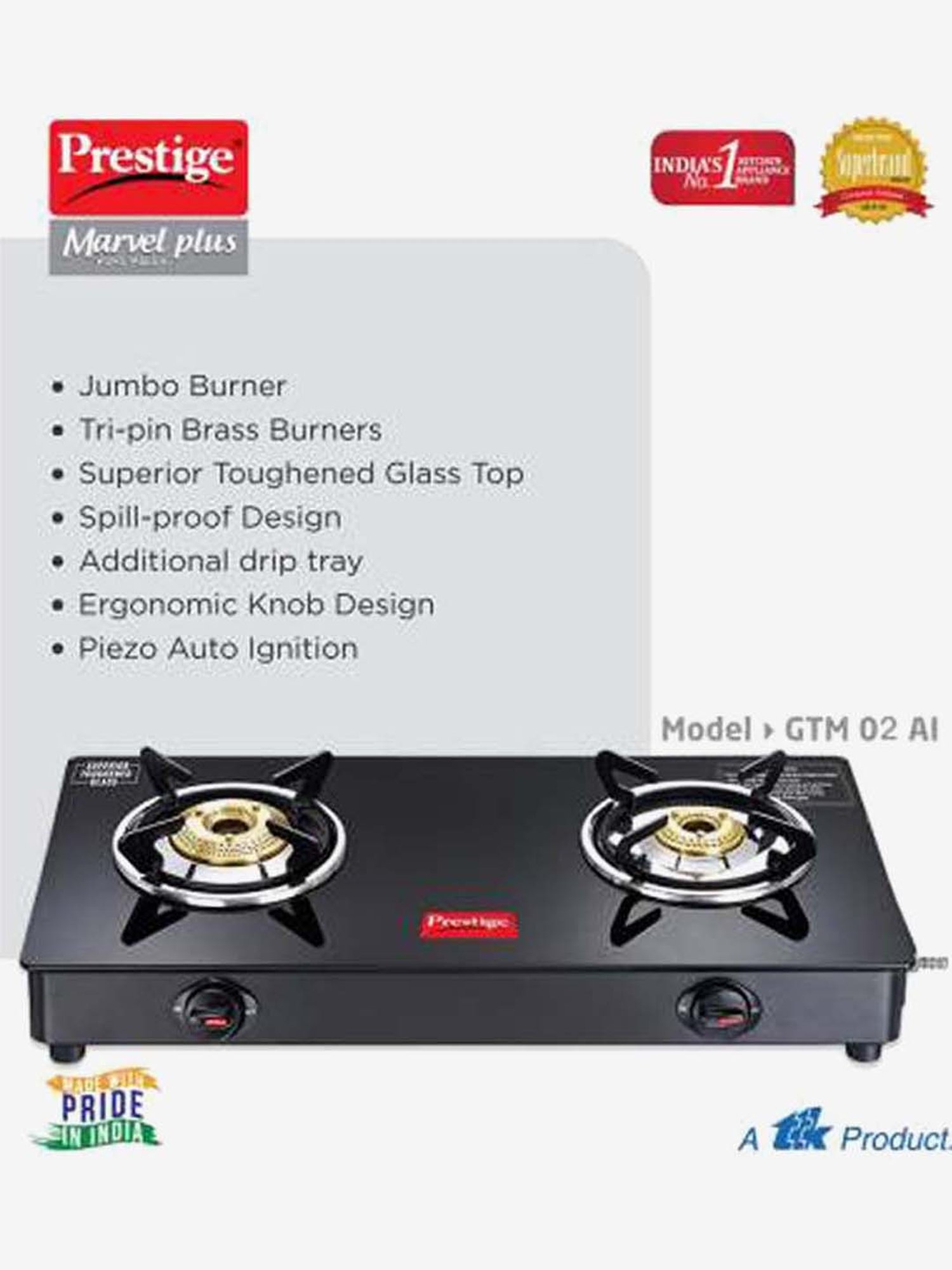 Prestige Marvel Plus GTM02 AI 2 Burners Glass Top Gas Stove (Black)