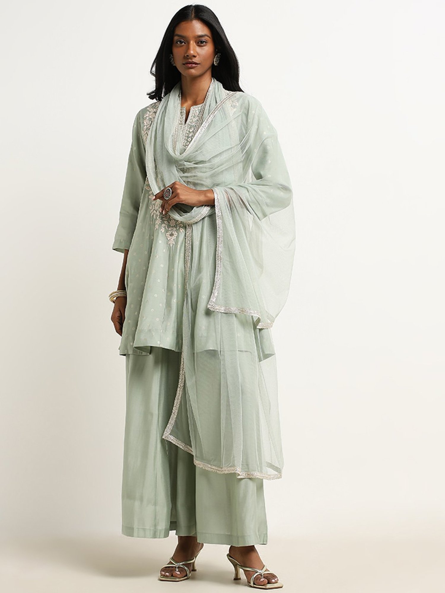 Vark by Westside Sage Embroidered A-line Kurti, Palazzos & Dupatta Set