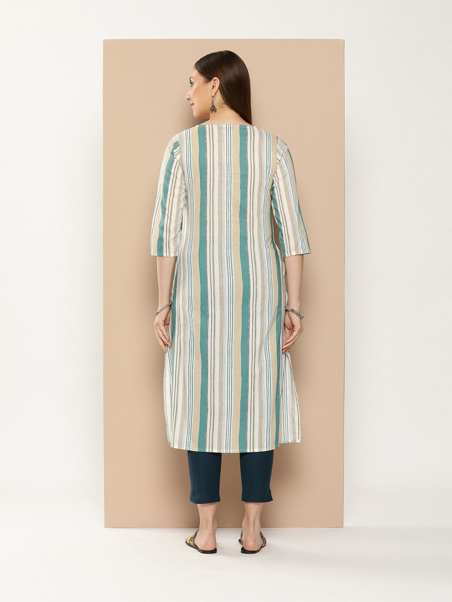 Amukti Beige Cotton Striped A Line kurta