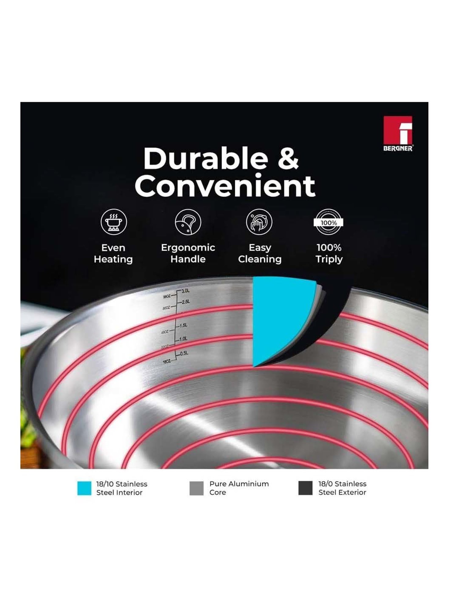 Bergner Tripro Silver Stainless Steel 22 cm Induction Friendly Triply Sautepan With Lid (2.1 L)