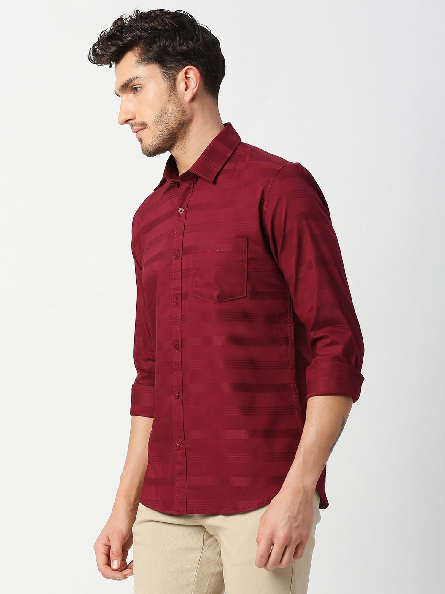 SOLEMIO Red Slim Fit Striped Shirt