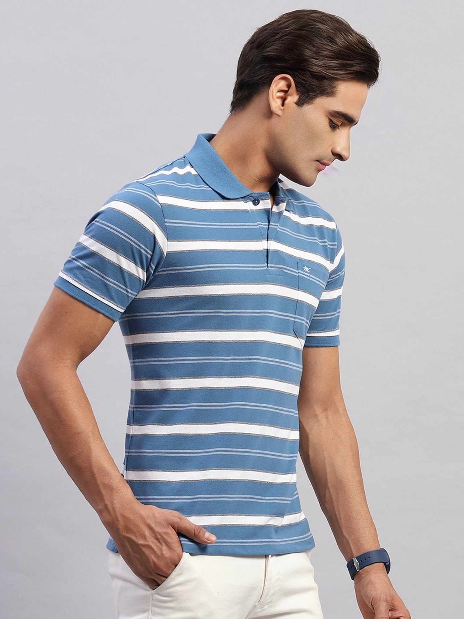 Monte Carlo Blue Regular Fit Striped Polo T-Shirt