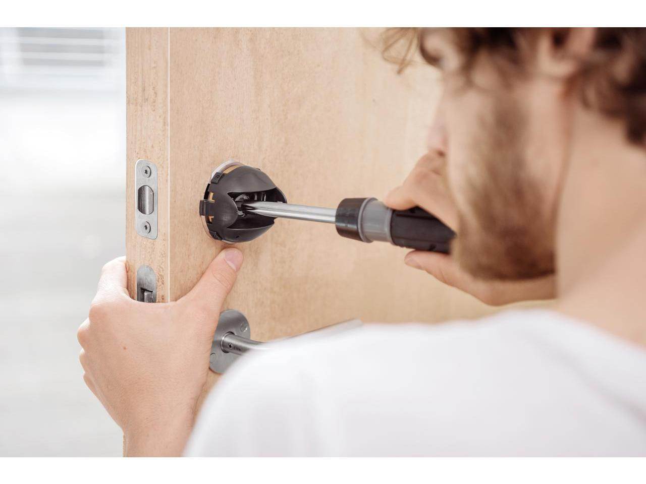 FRIDAY HOME Smart Lock - Brass Finish. World's smallest smart lock: diameter 2 3/4". IOS and Android compatible. Built in WiFi on Demand. Rechargeable battery and charger included.