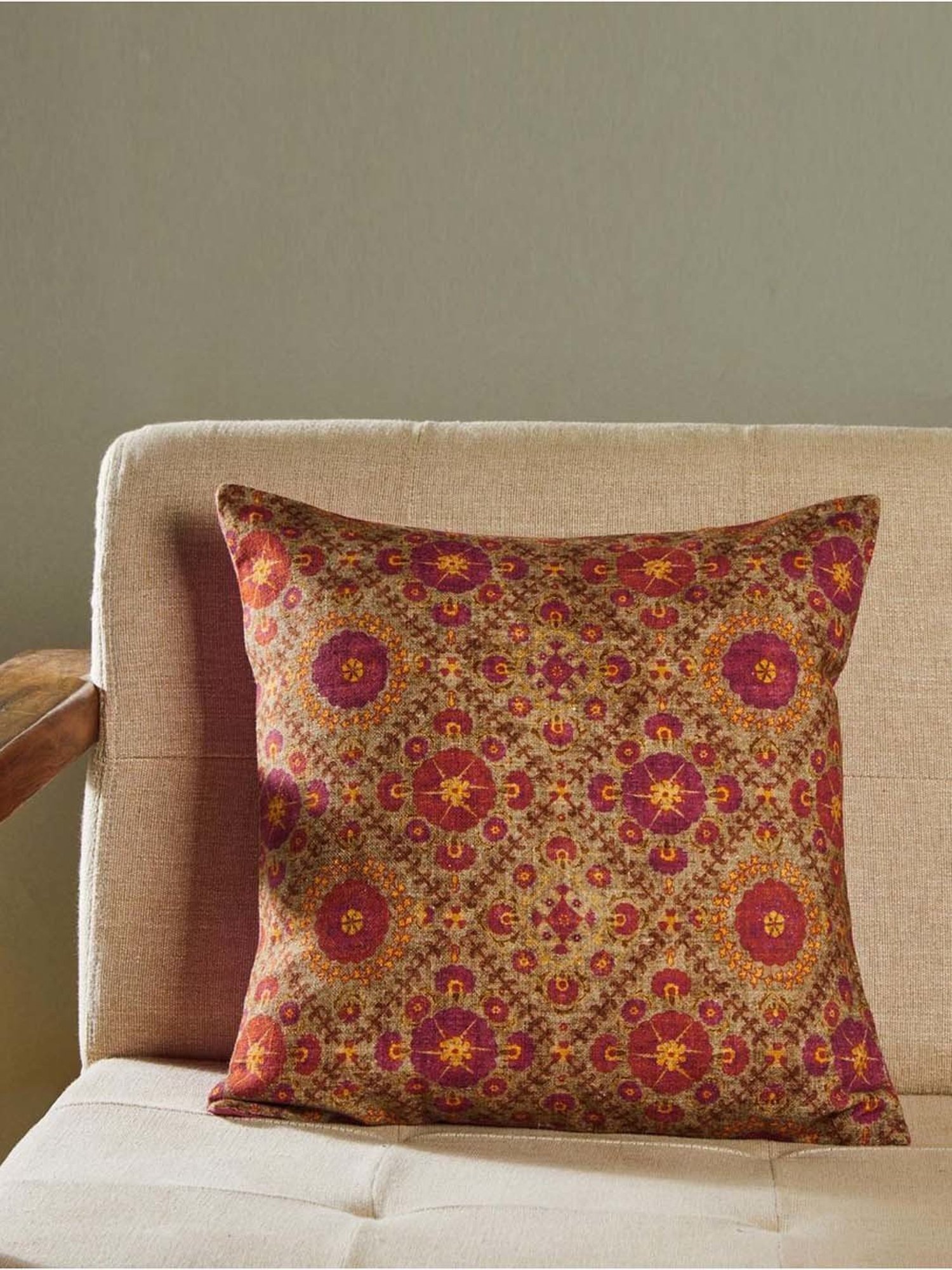 Fabindia Maroon Cotton Nieta Jaal Cushion Cover