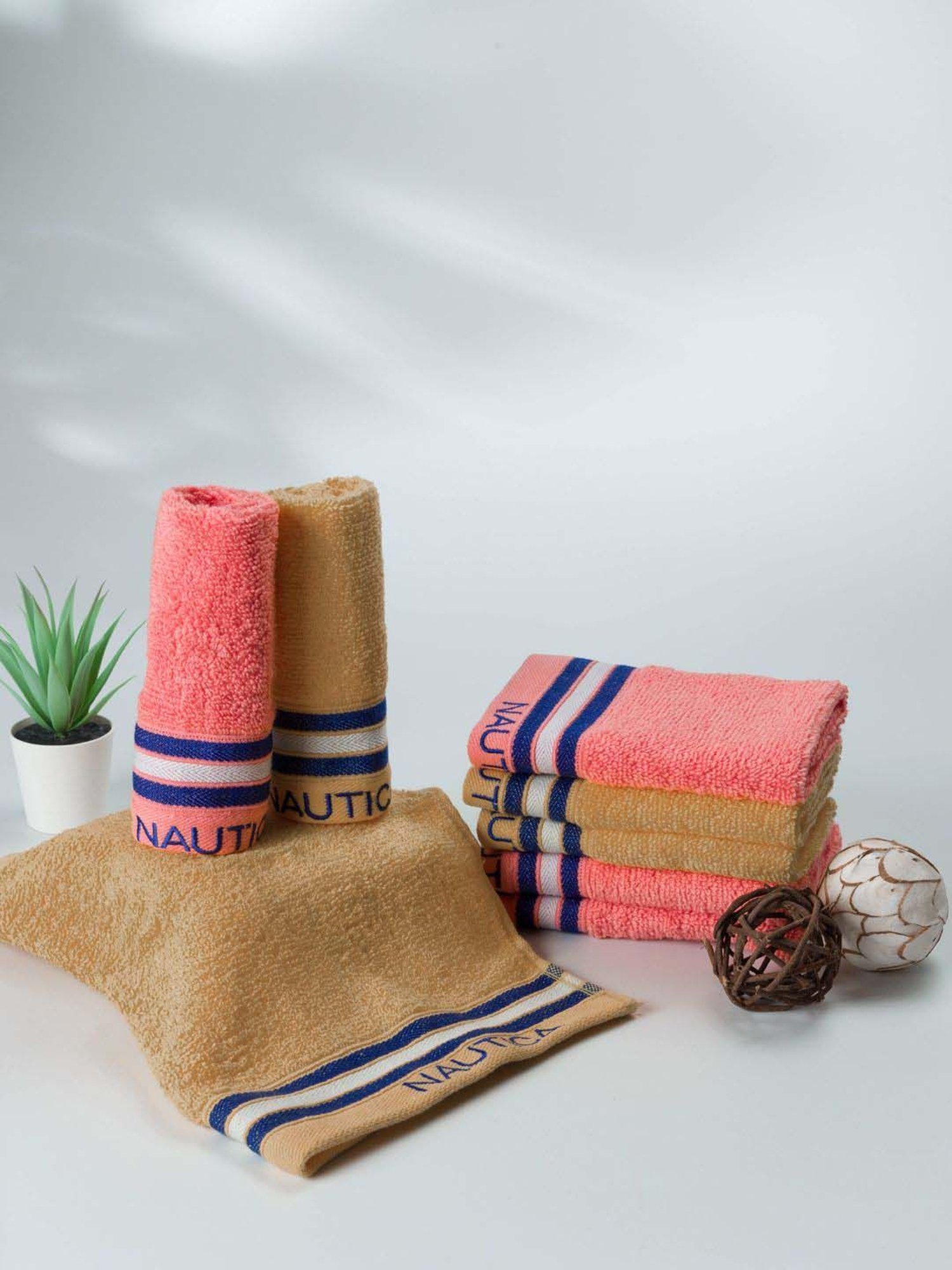 Nautica Vintage Crew Stripe Beige & Coral Cotton 500 GSM Super Soft Zero Twist Face Towel - Set of 8
