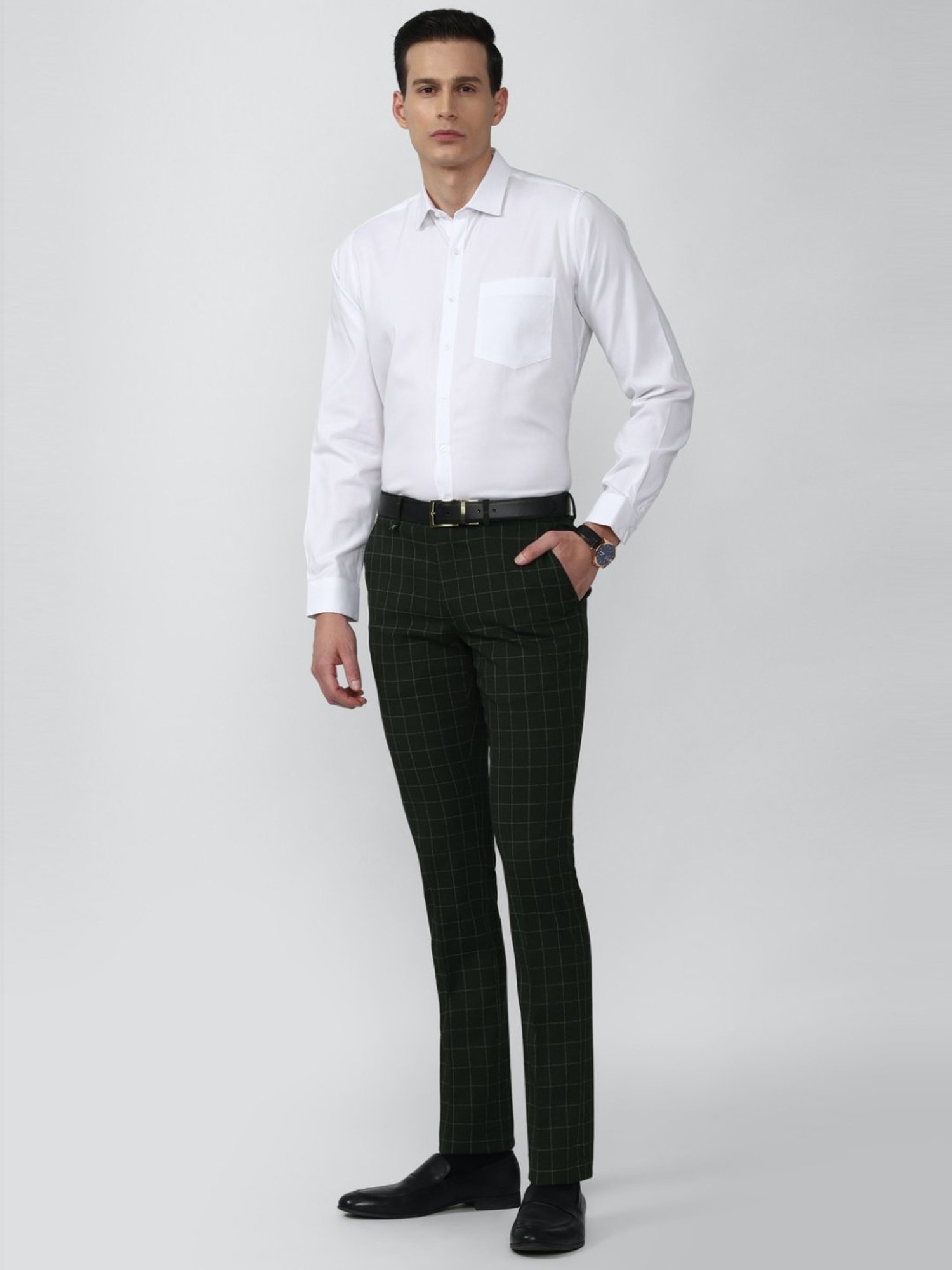 V Dot Olive Skinny Fit Checks Trousers