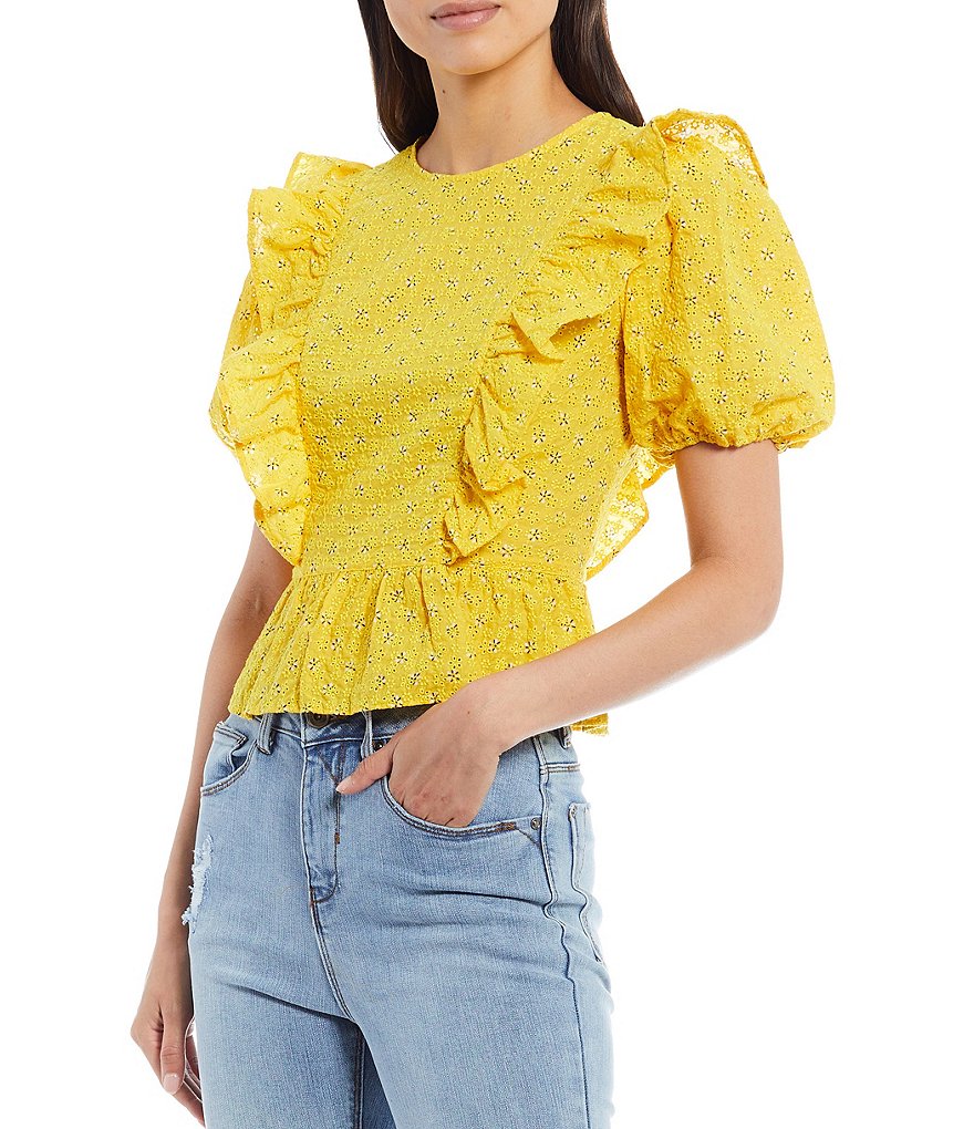 A Loves A Embroidered Ruffle Peplum Short Sleeve Crew Neck Blouse