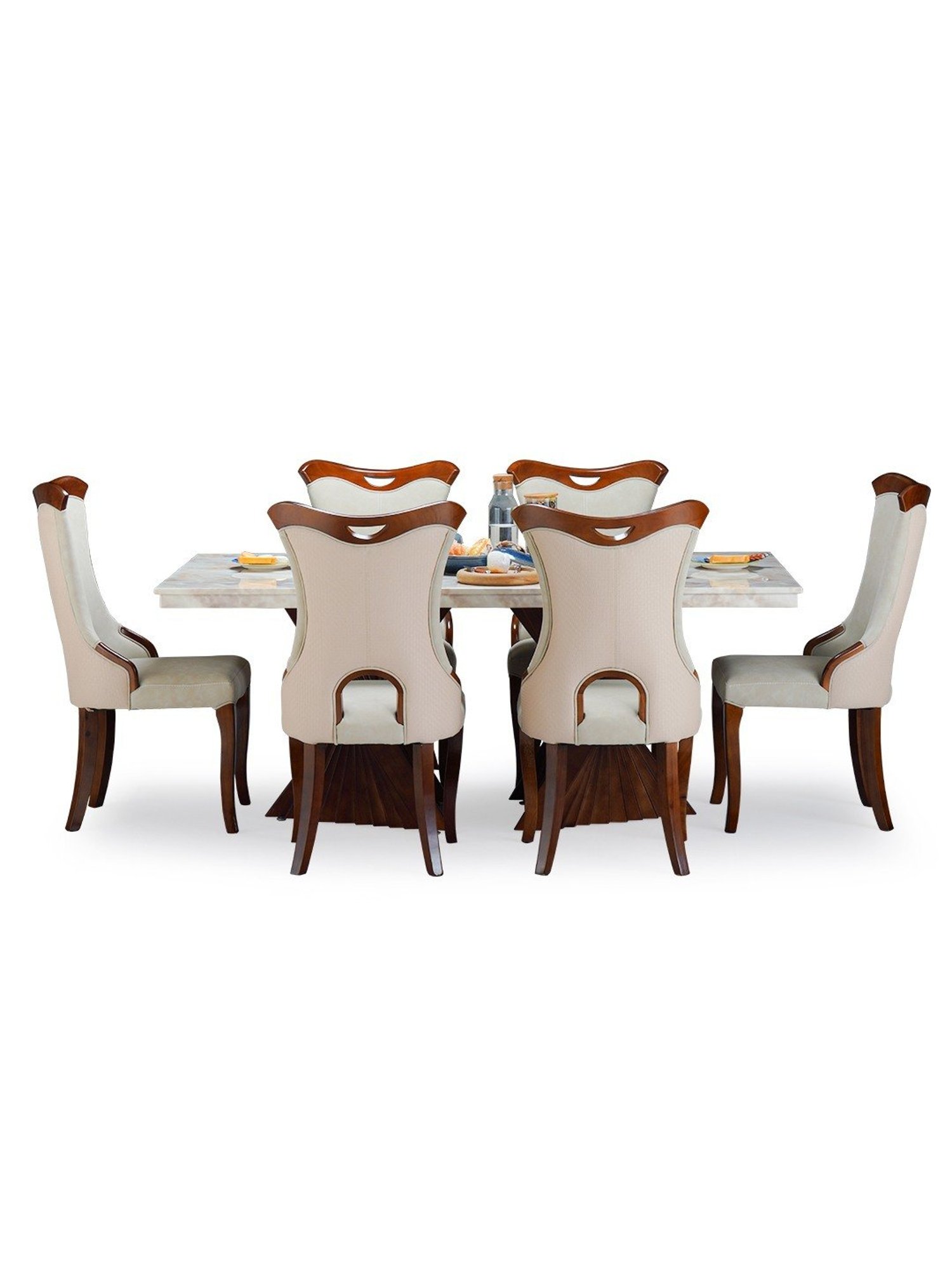 Durian Elanor Modern Tan Beige & Oak Brown Composite Marble 6 Seater Dining Set
