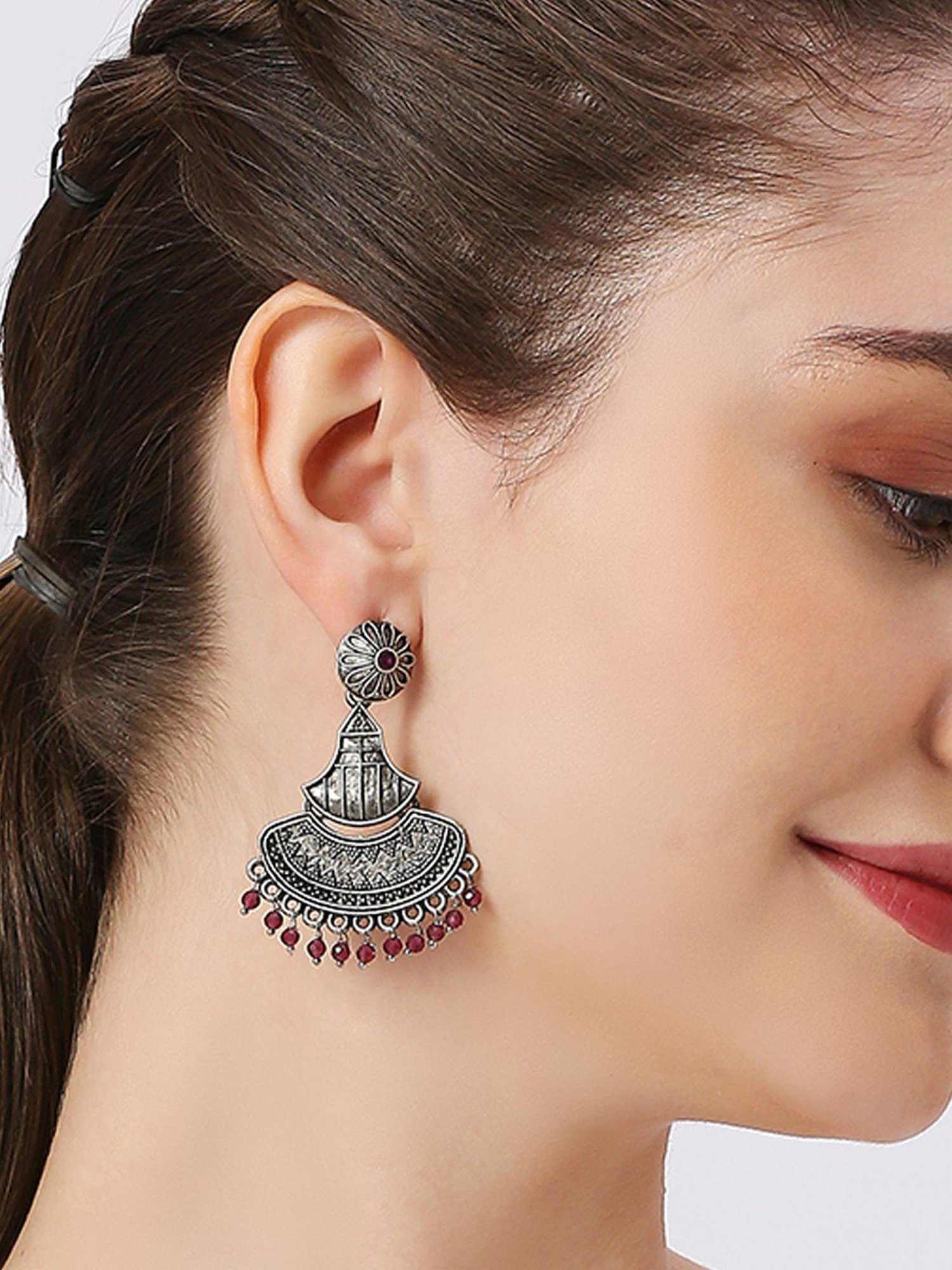 Oomph Oxidized Silver Ethnic Silver Look Alike Maroon Beads Dangler Earrings