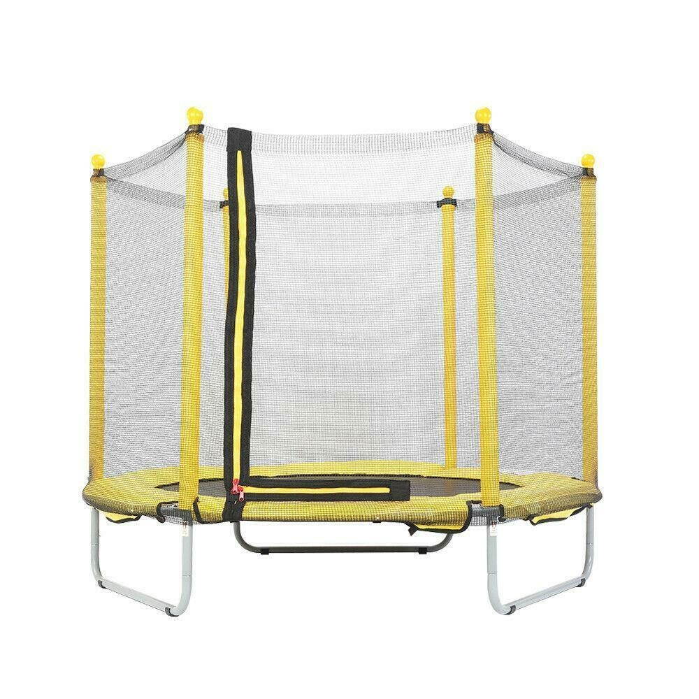 60" Round Children Trampoline with Safety Net Enclosure Fitness Toy Yellow New