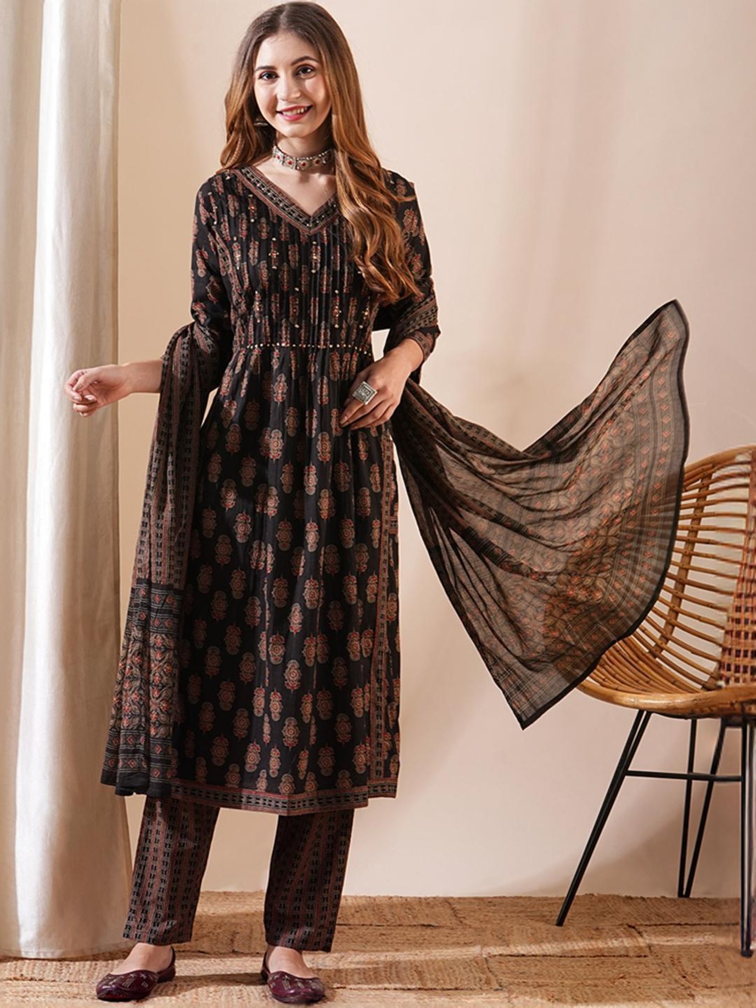 Fashor Brown Cotton Printed Kurta Pant Set With Dupatta