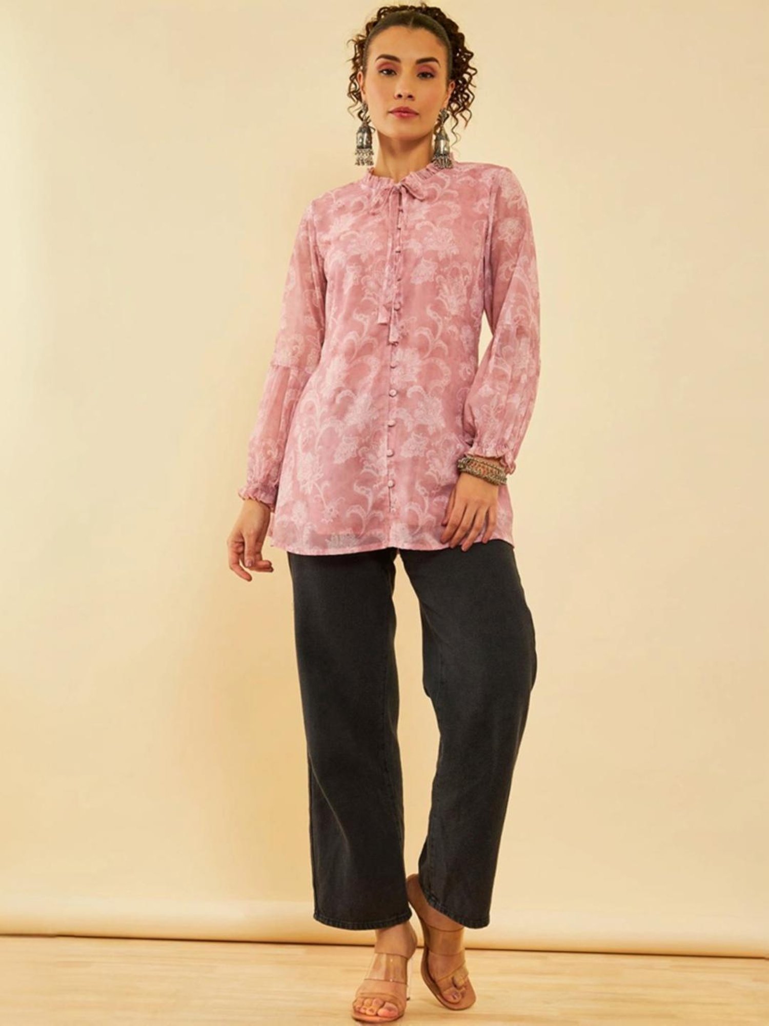 Soch Peach Georgette Floral Printed Ruffle Neck Tunic With Tie-Ups