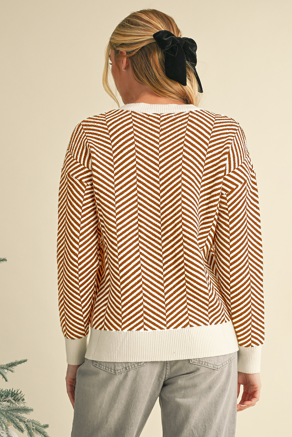 Coffee Stripe Contrast Edge Crew Neck Drop Shoulder Sweater