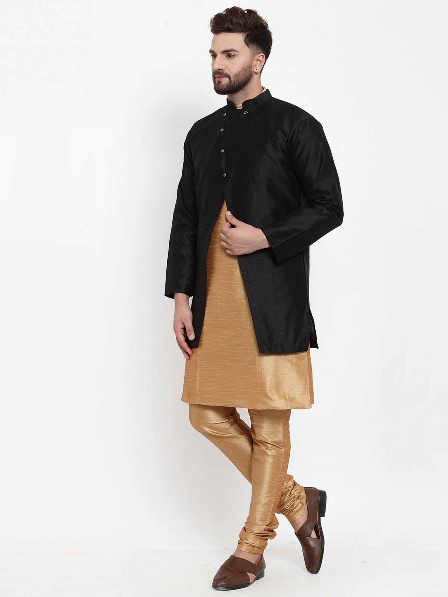 Benstoke Copper & Black Regular Fit Self Pattern Kurta Set With Jacket