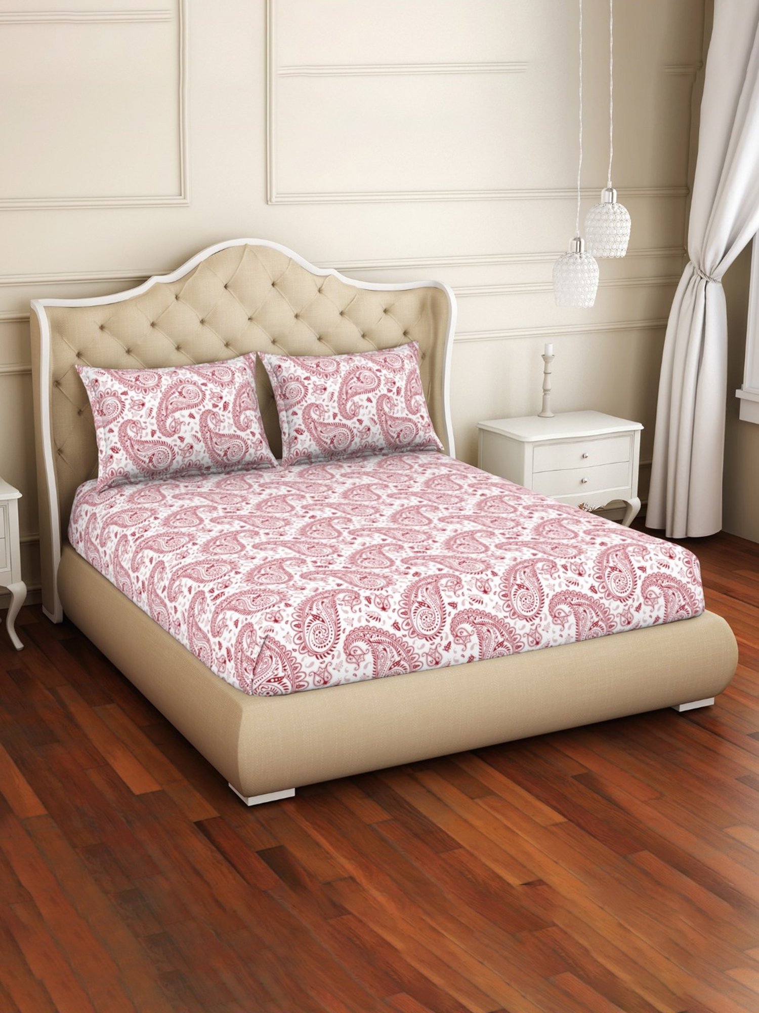 Welspun 2-In-1 Abstract Orange 150 TC Cotton King Flat Bedsheet with 2 Pillow Covers