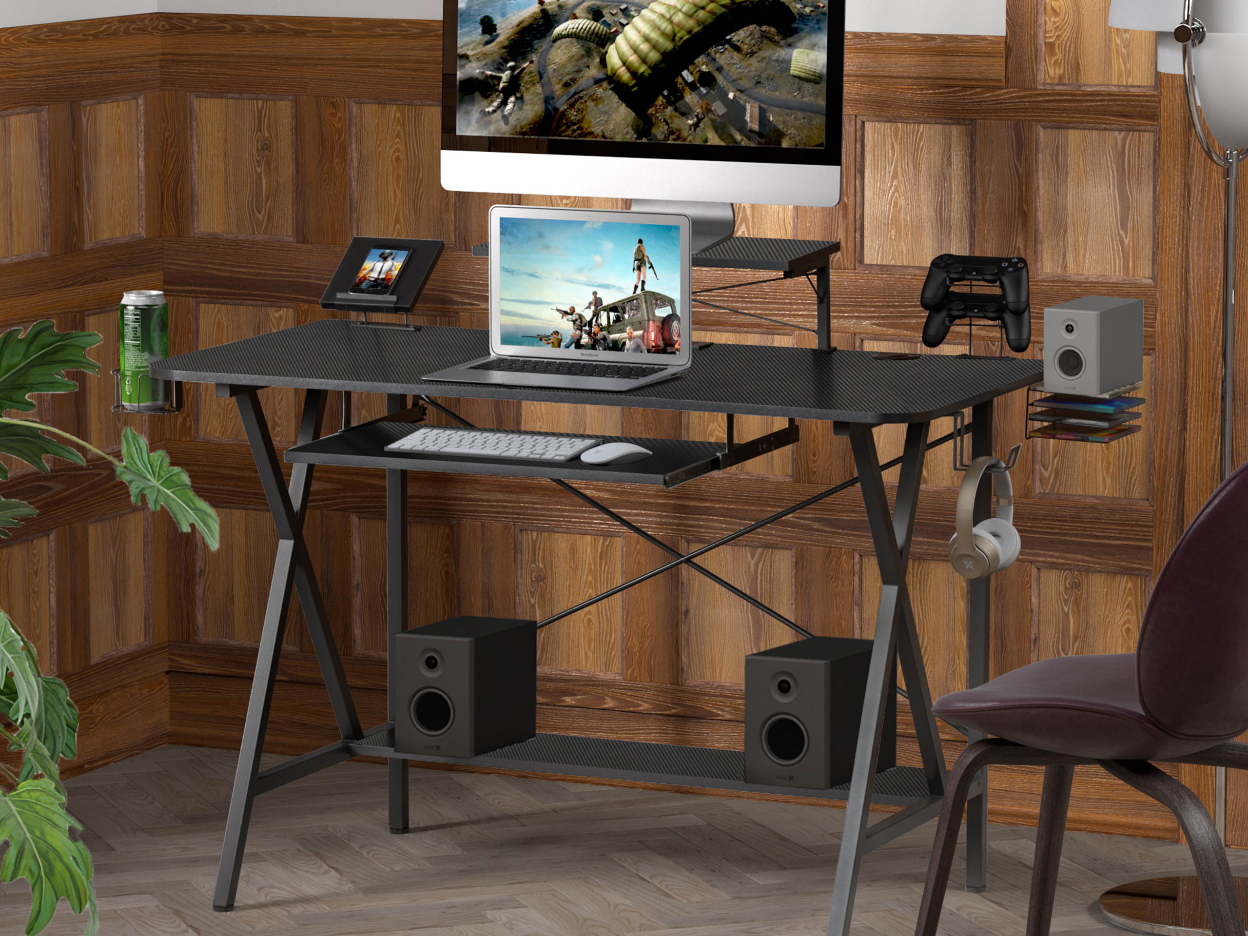 47" Gaming Desk Table, E-Sports Computer Desk with PC Stand Shelf Keyboard stand Power Strip with USB Cup Holder & Headphone Hook Home Office Desk Gamer Desk Writing Table, Carbon Fiber Coated Black