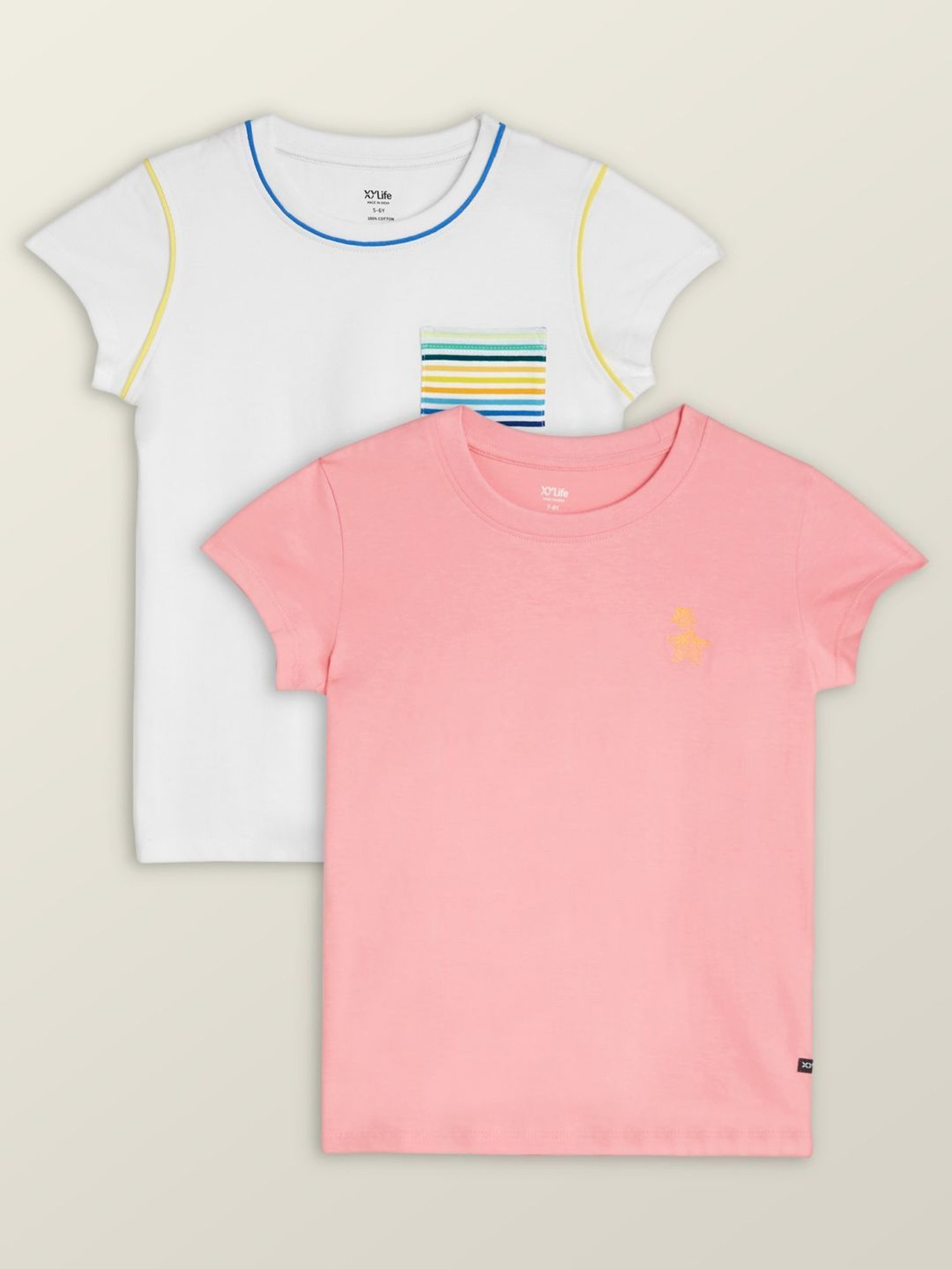 XY Life Kids Peach & White Cotton Printed T-Shirt (Pack of 2)