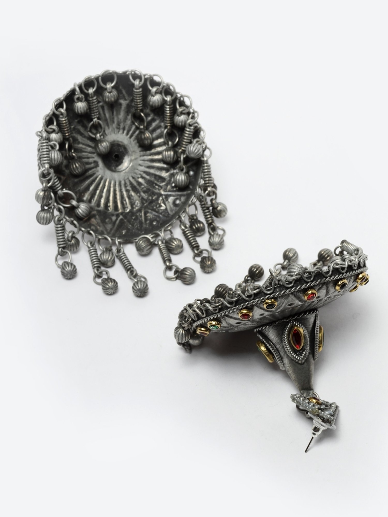 Moedbuille Crystal Studded Antique Tassel Design Silver-Plated Dual Tone Tribal Jhumki Earrings