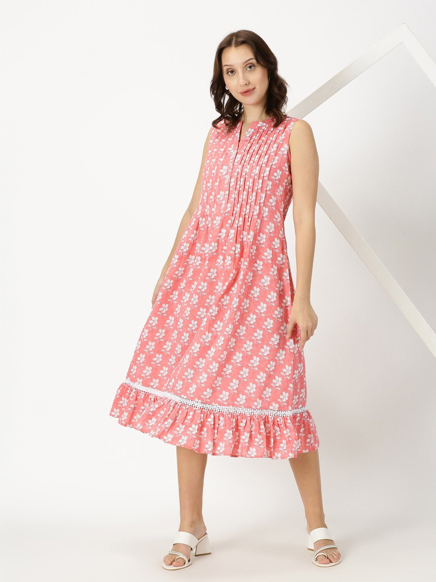 Saffron Threads Coral Cotton Floral Print Ethnic Dress