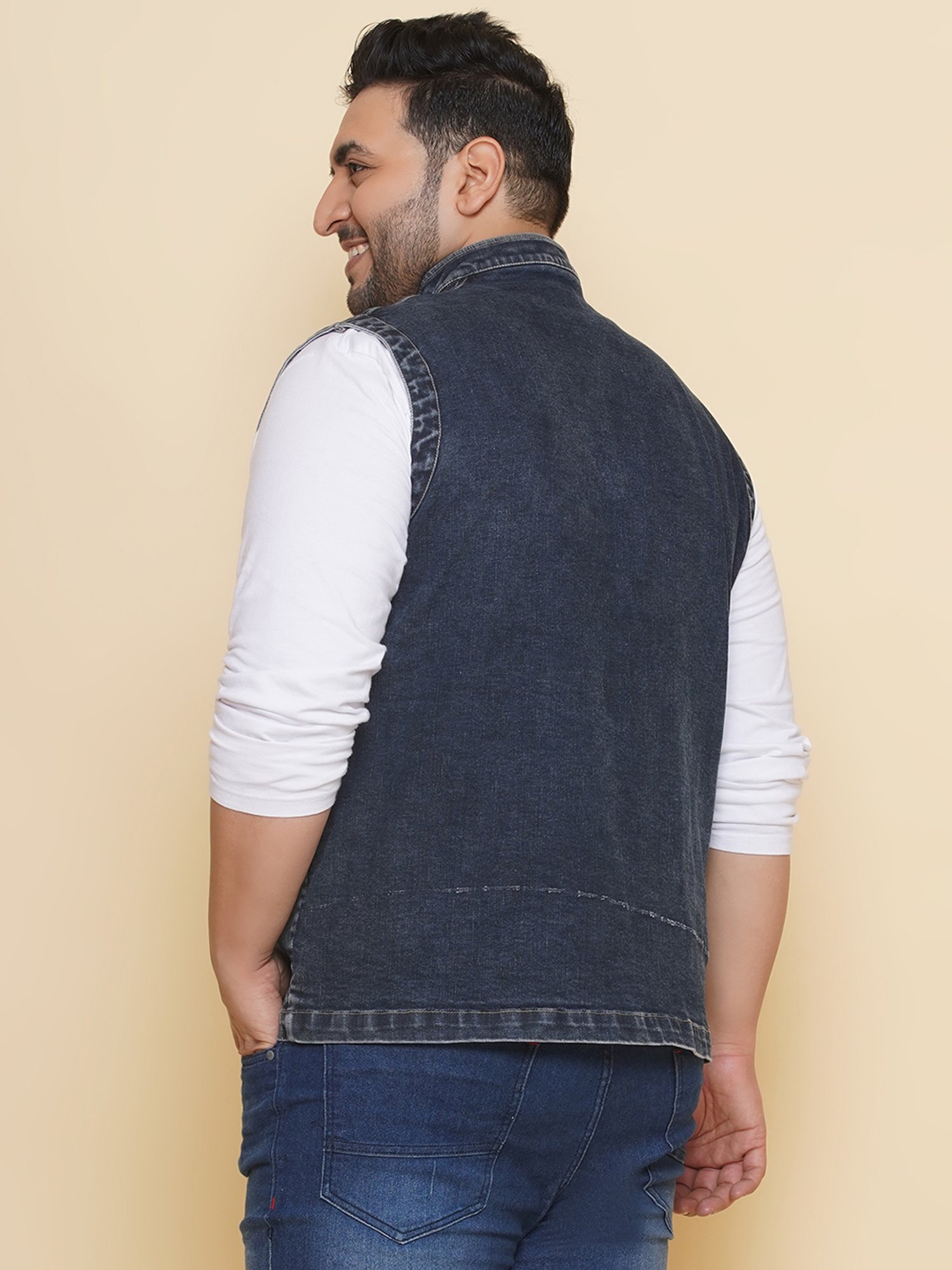 John Pride Dark Blue Regular Fit Denim Nehru Jacket