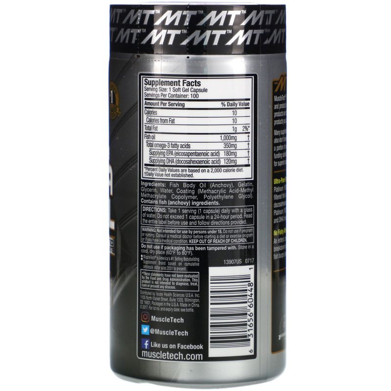 Muscletech Essential Series, Platinum 100% Omega Fish Oil, 100 Soft Gels, Omegas and FishOil