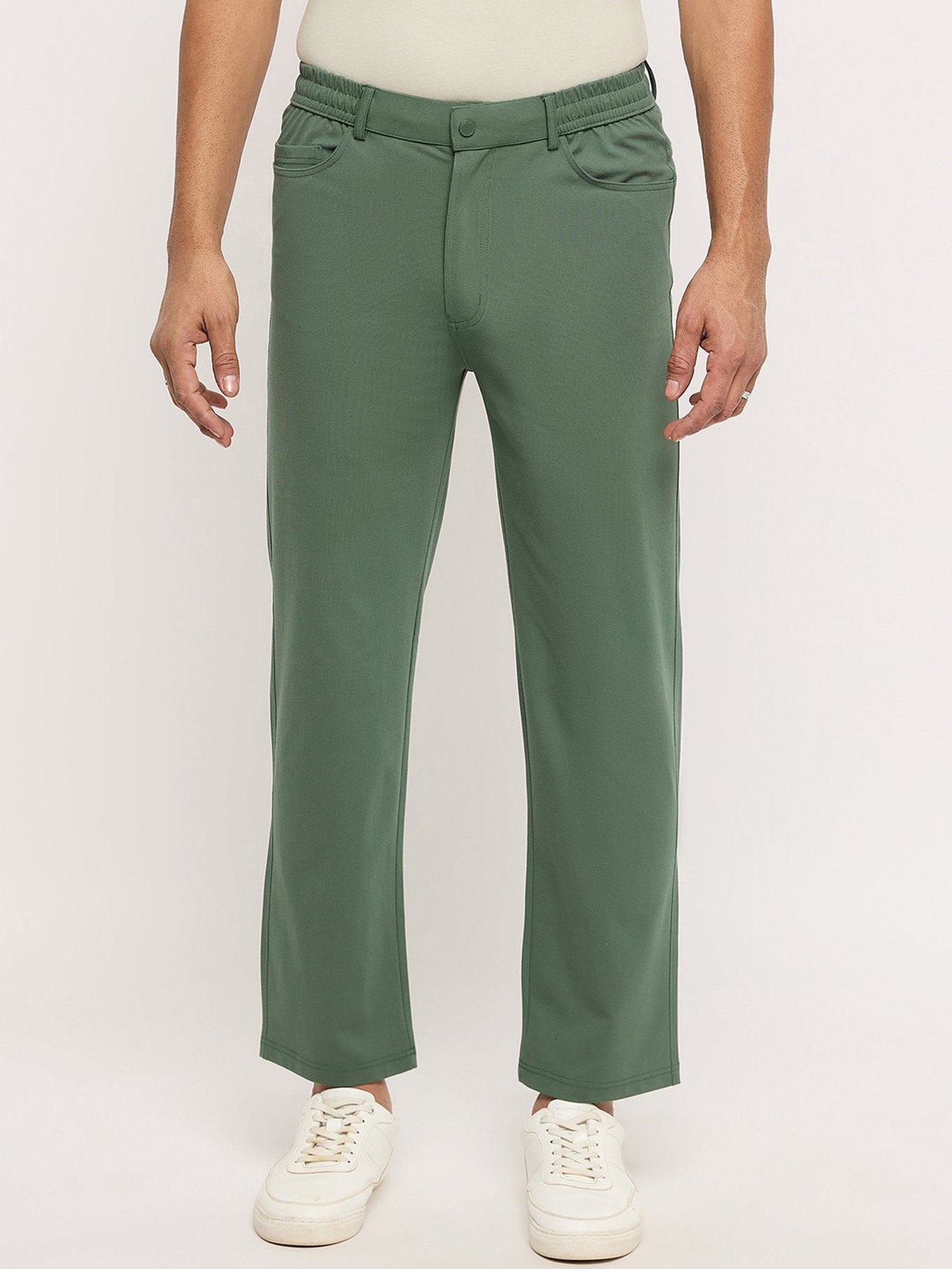 Okane Olive Regular Fit Flat Front Trousers