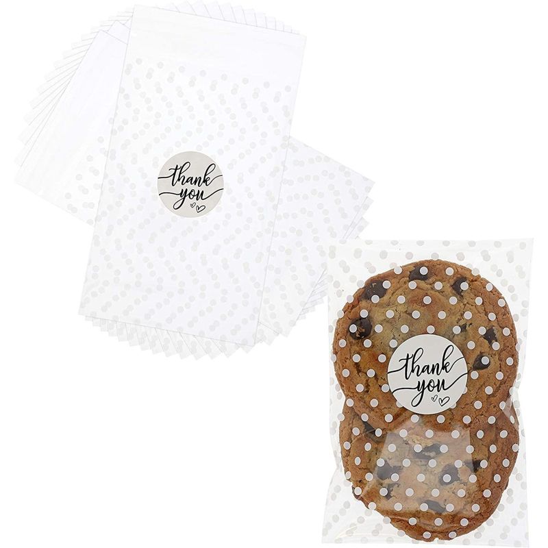Sparkle and Bash 250 Pack White Polka Dot Cellophane Cookie Bags, Treat Bags with Thank You Stickers, 4 x 6 in
