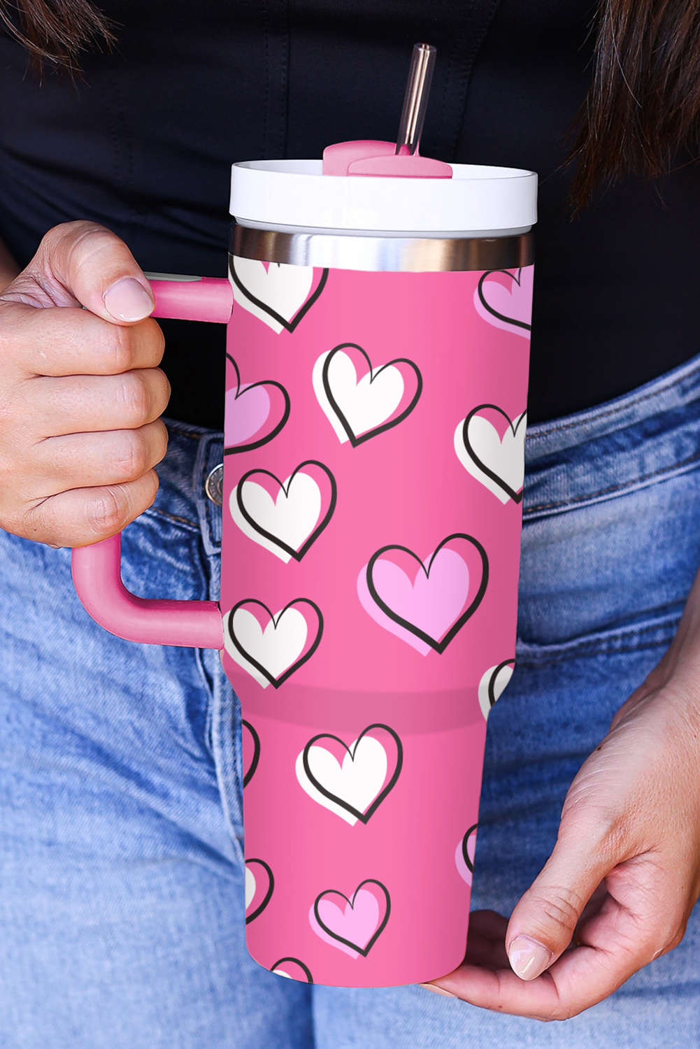 Pink Checkered Print Handled Stainless Steel Tumbler Cup