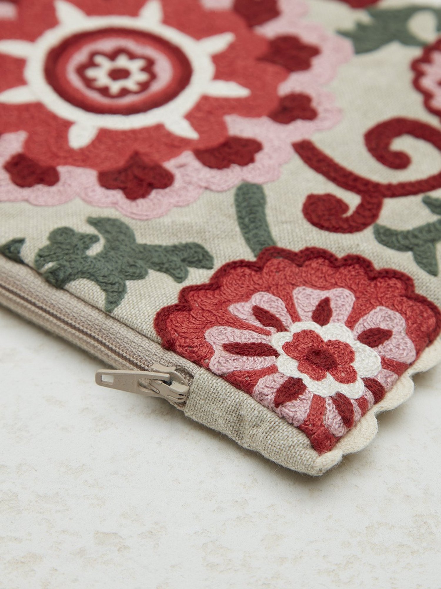 Westside Home Red Sujani Floral Embroidered Pouch