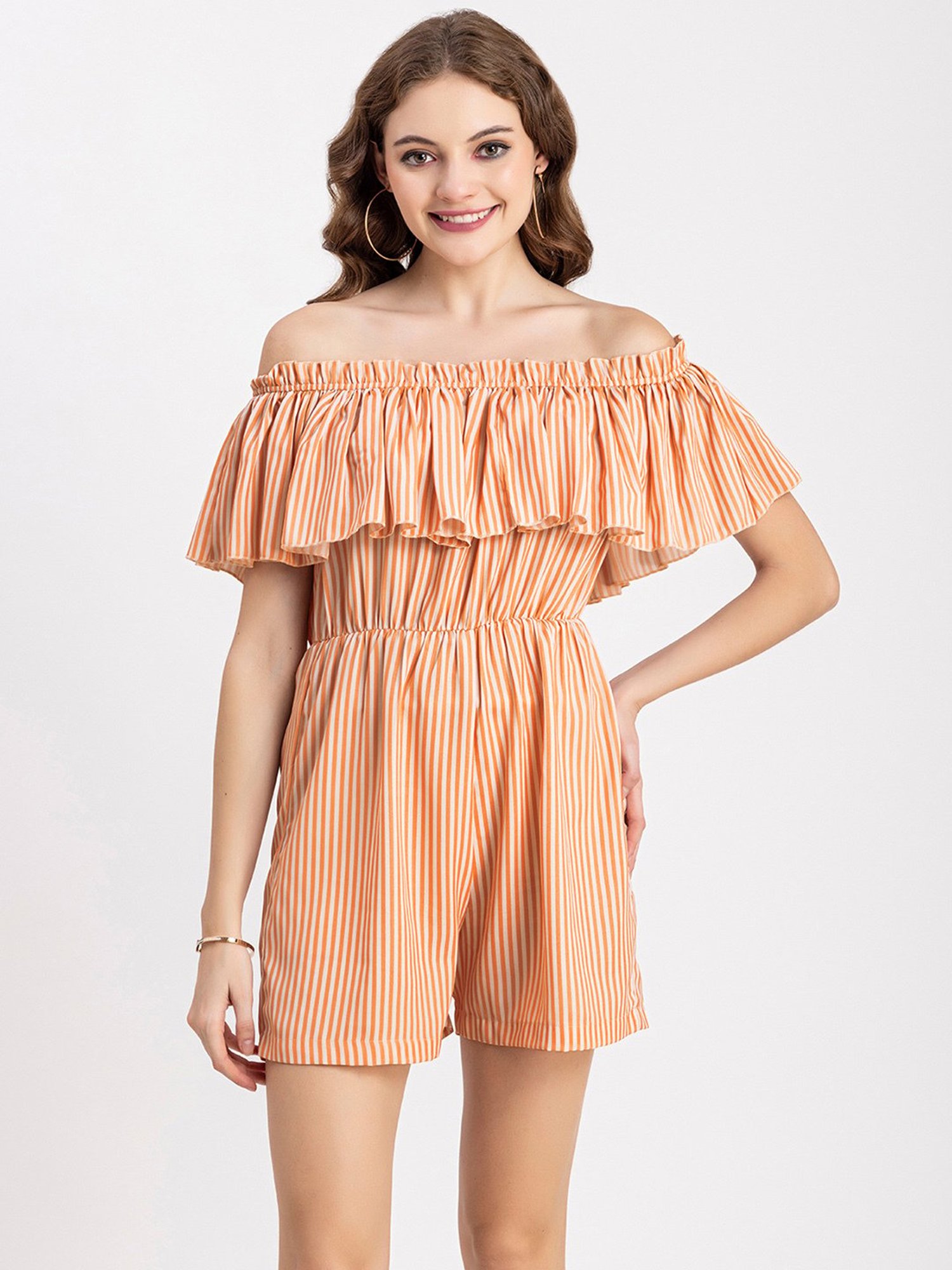 Moomaya Orange Georgette Striped Playsuit