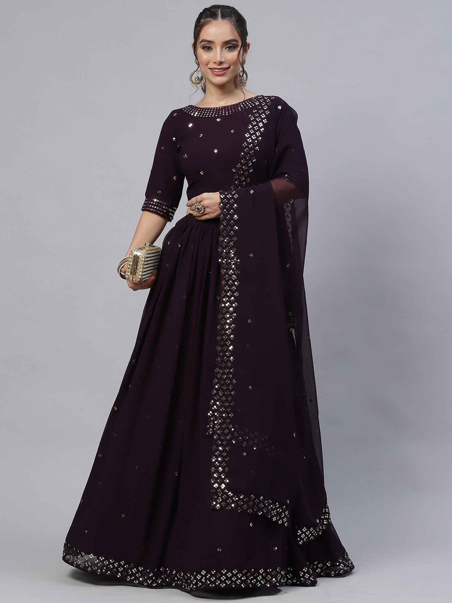 SHUBHKALA Dark Purple Embellished Lehenga Choli Set With Dupatta