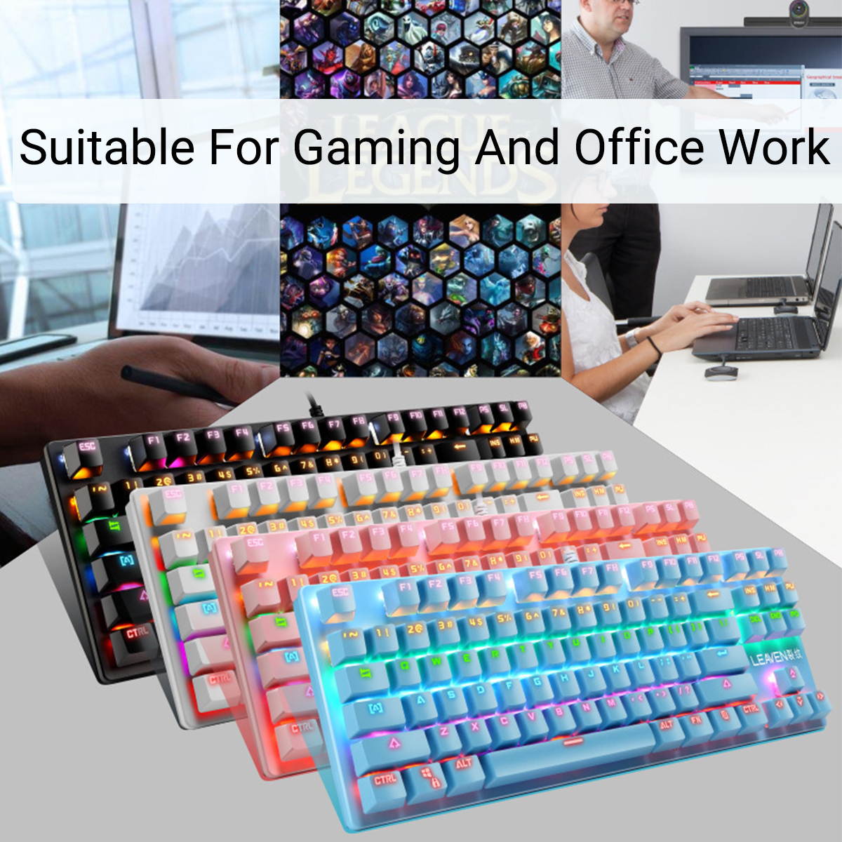 CUUWE K550 87 Keys Wired Mechanical Keyboard Blue Switch Waterproof 19 RGB Backlight Gaming Keyboard for Windows XP/7/8/10 Systems