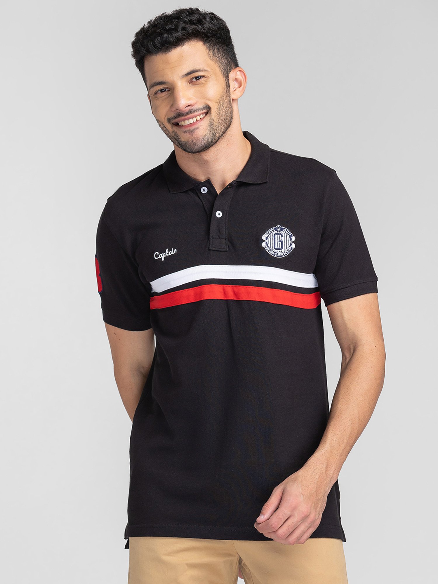 Giordano Black Slim Fit Striped Polo T-Shirt