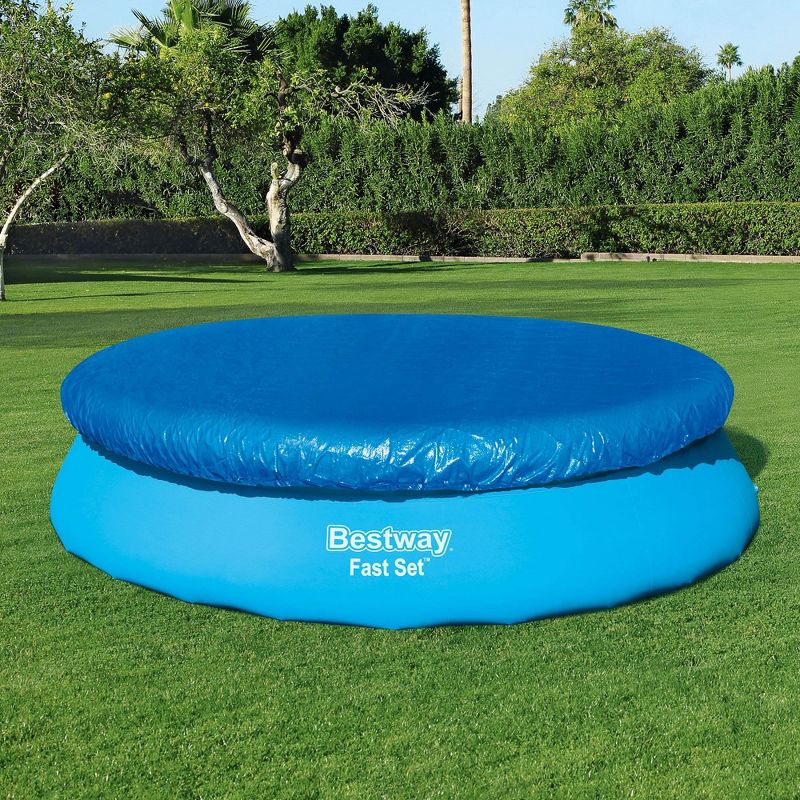 Bestway Flowclear Fast Set 12 Foot Round PVC Pool Debris Cover with Ropes, Blue