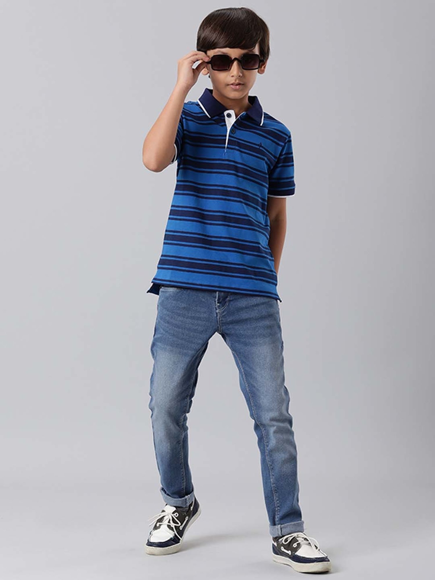 Indian Terrain Kids Navy Striped Polo T-Shirt