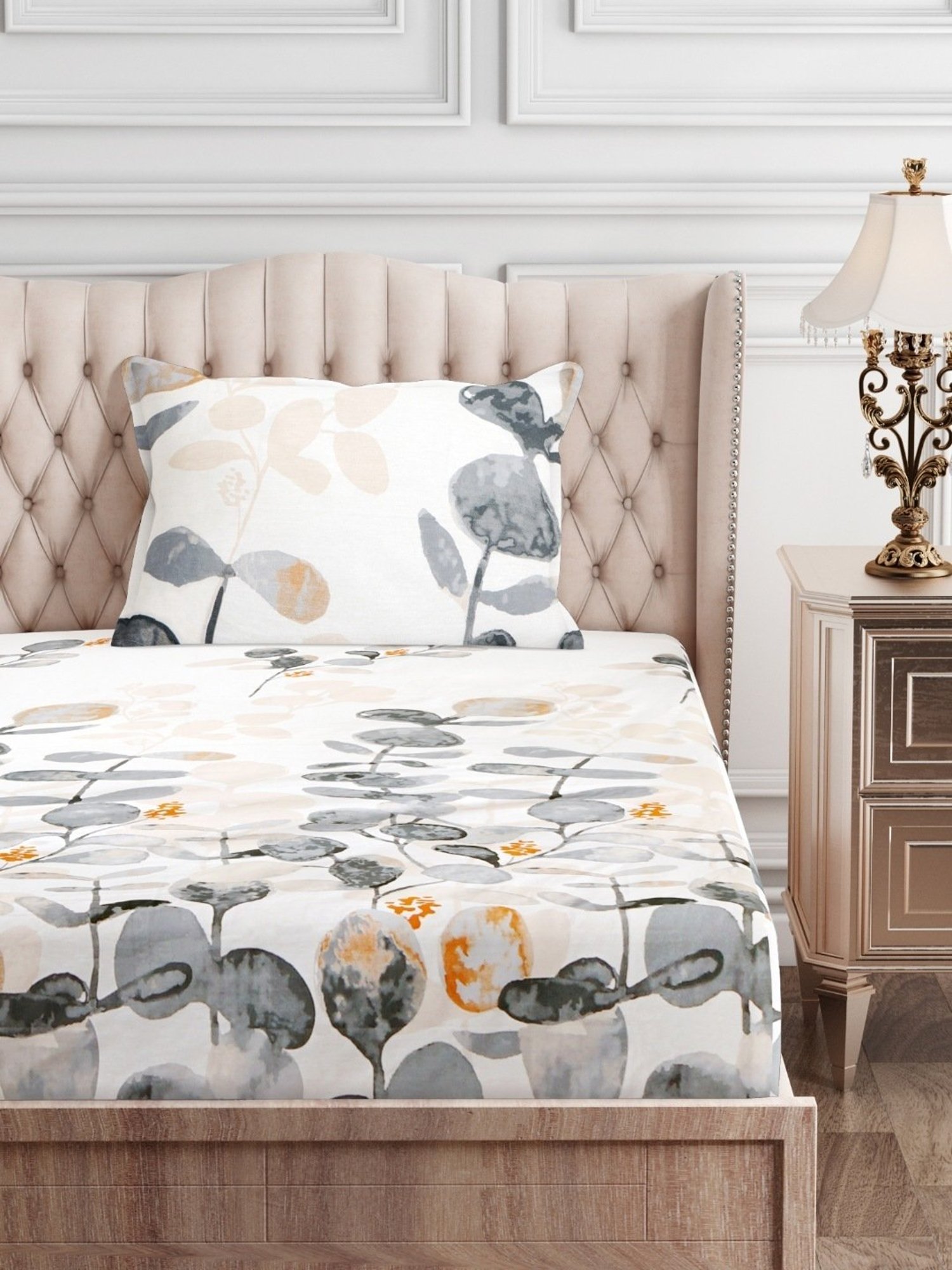 SEJ by Nisha Gupta Floral Blue 210 TC Cotton Single Bed Sheet with 1 Pillow Cover