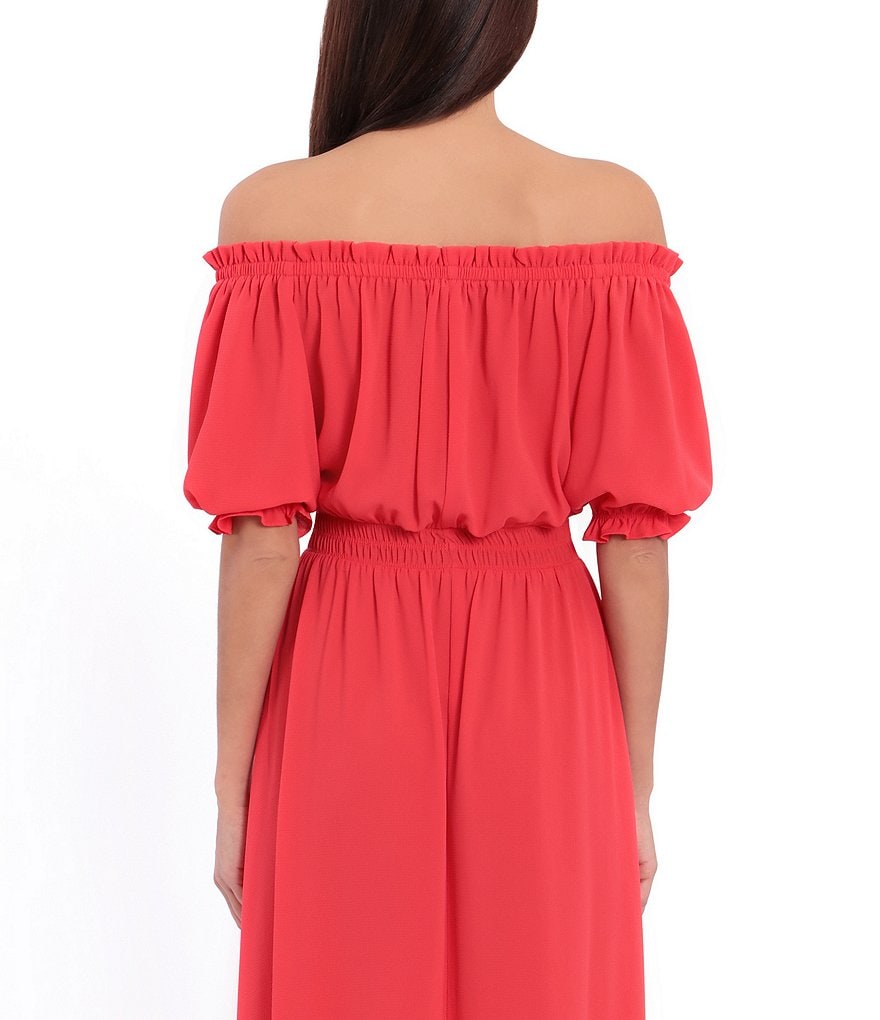 London Times Off-the-Shoulder Puff Sleeve Crepe Midi Dress