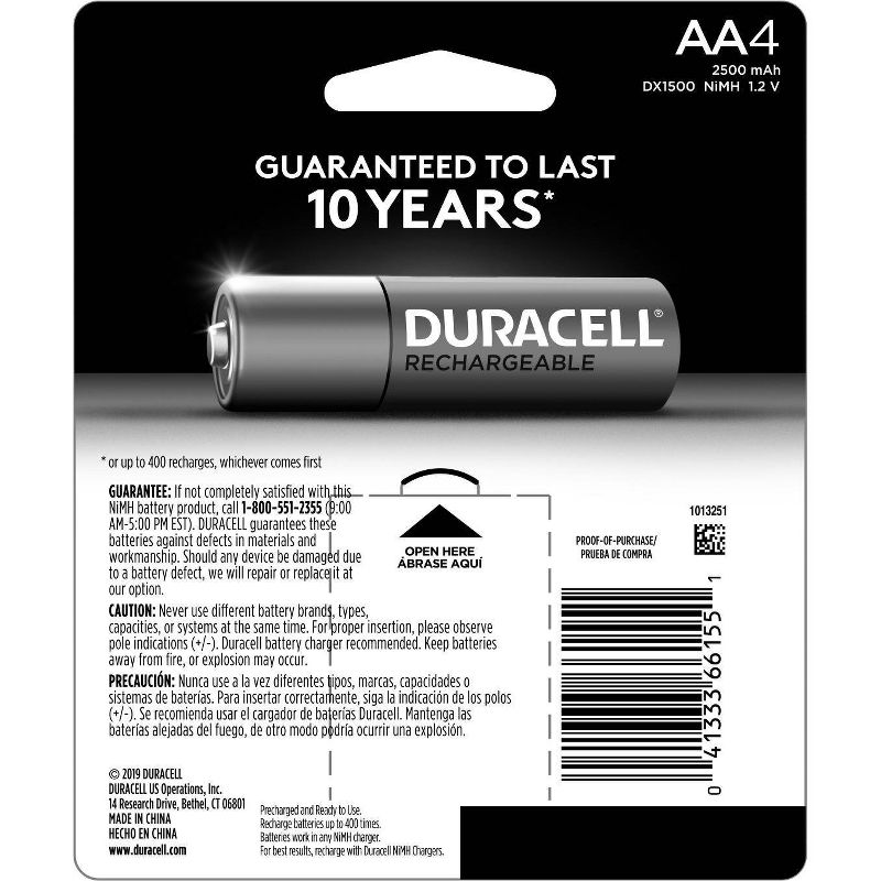 Duracell Rechargeable AA Batteries - 4 Pack - Compatible with NiMH Battery Chargers