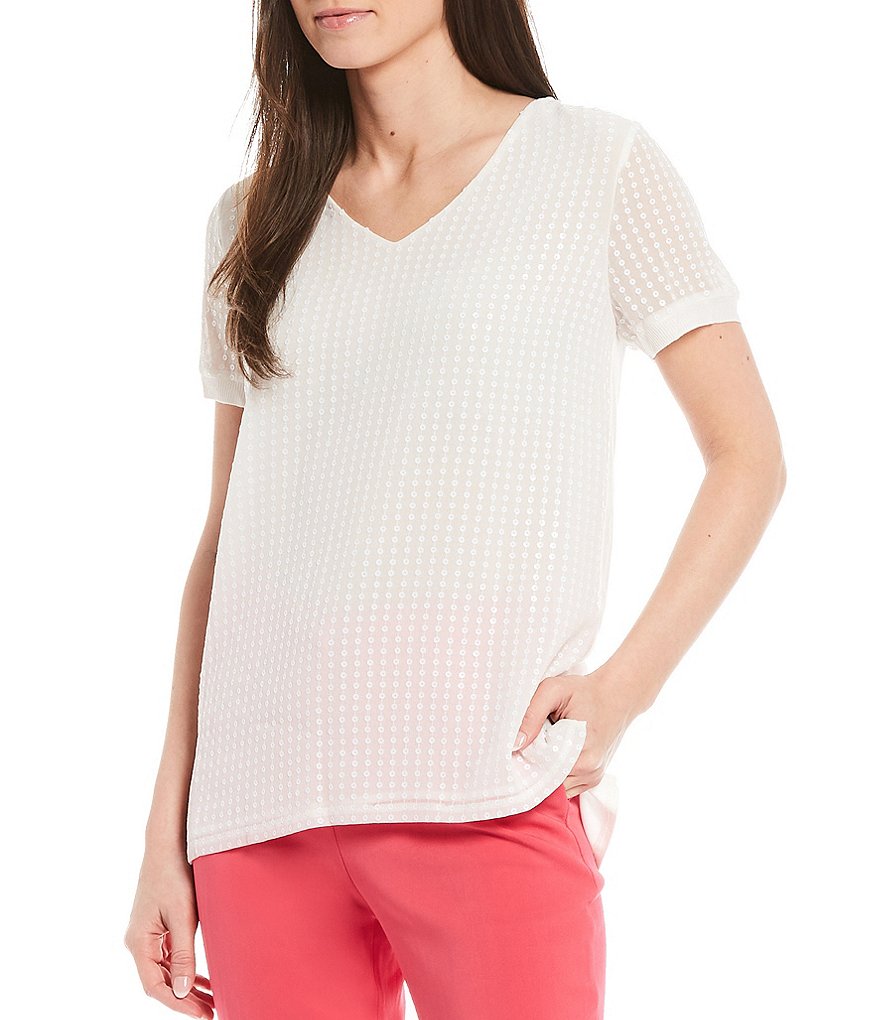 Donna Karan New York V-Neck Short Sleeve Staggered Sequin Knit Back Top