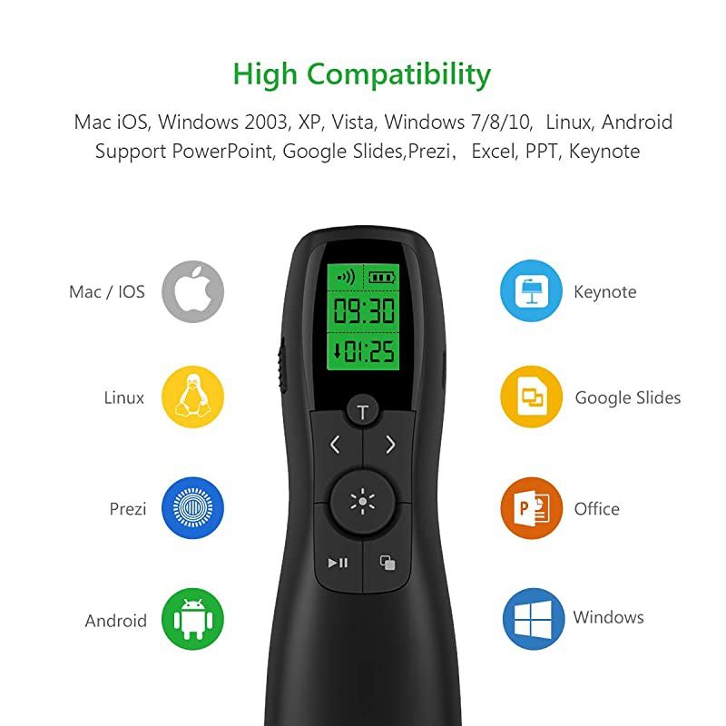 Presentation Remote  Wireless Presenter Laser Pointer Green Powerponit PPT Clicker Remote LCD Display with Timer Classroom Pointers for Teachers Office