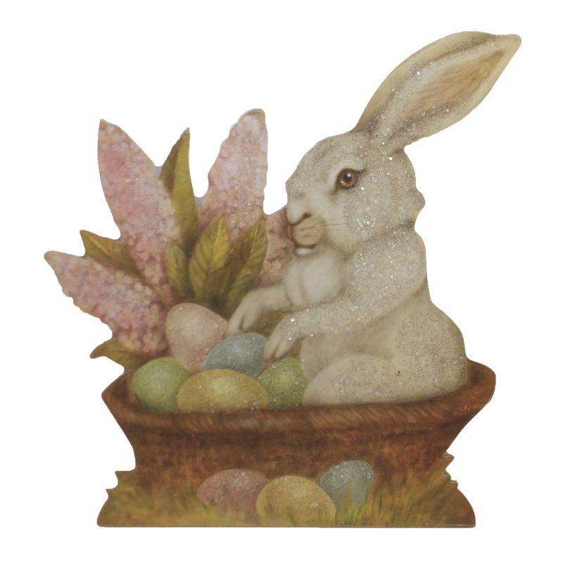 Easter 8.5" Bunny In Basket Dummy Board Colored Egg Vintage Glittered  -  Decorative Figurines