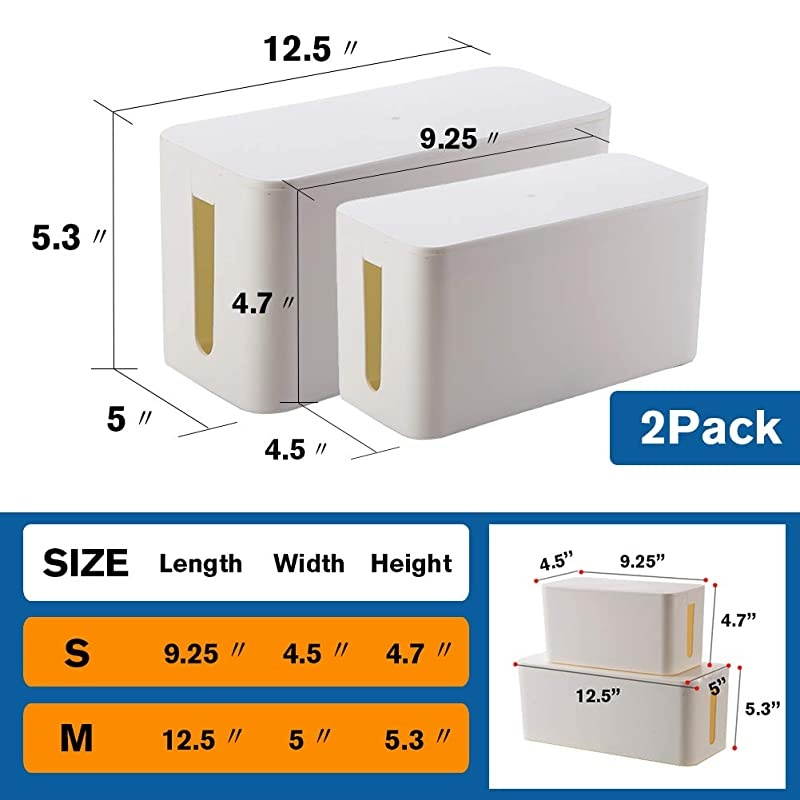Cable Management Box Cable Organizer For Cable and Cord Management Storage and Holder to Cover and Hide Power Strips Cords white 2 set