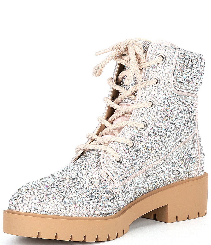 Blue by Betsey Johnson Hudson Rhinestone Lace-Up Combat Booties