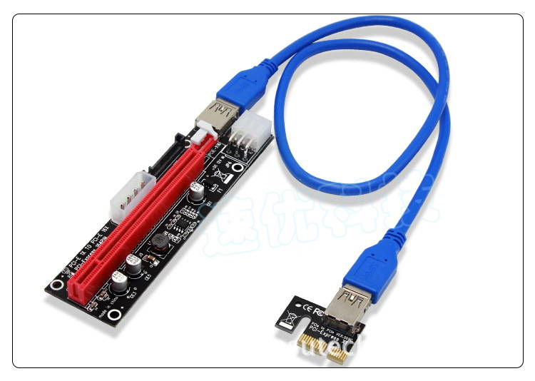 Ubit 4 Pack Latest PCI-E Riser Express Cable PCIE X1 to PCIE X16 (6pin / MOLEX/SATA) with Led Graphics Extension Ethereum ETH Mining Powered Riser Adapter Card+60cm USB 3.0 Cable