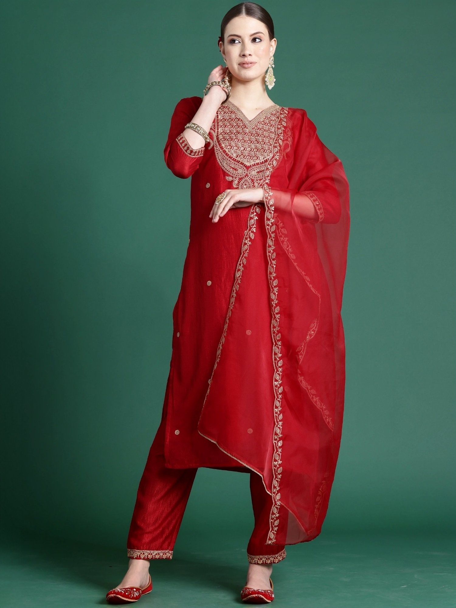 Indo Era Red Embroidered Kurta Pant Set With Dupatta