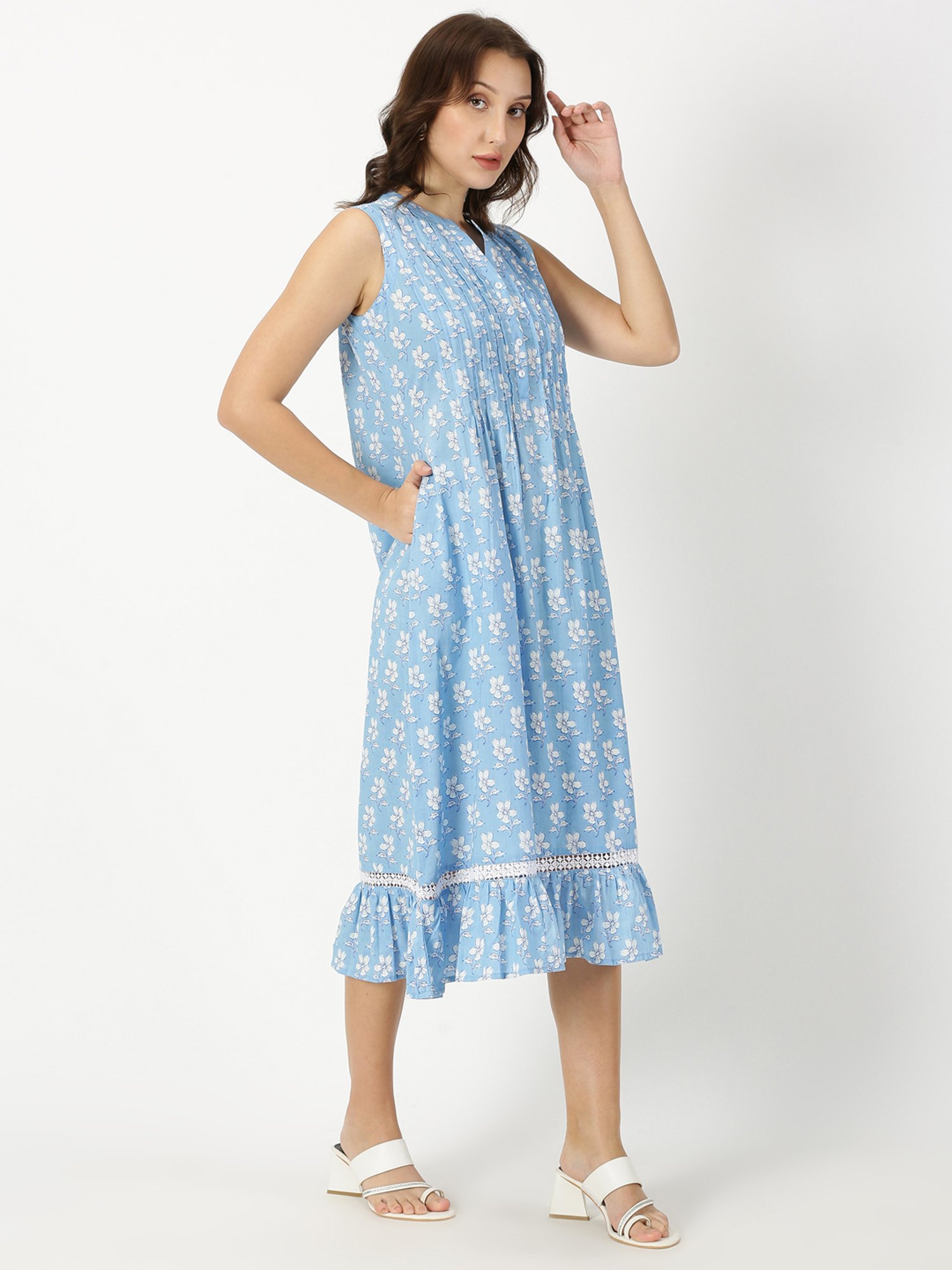 Saffron Threads Blue Cotton Floral Print Ethnic Dress