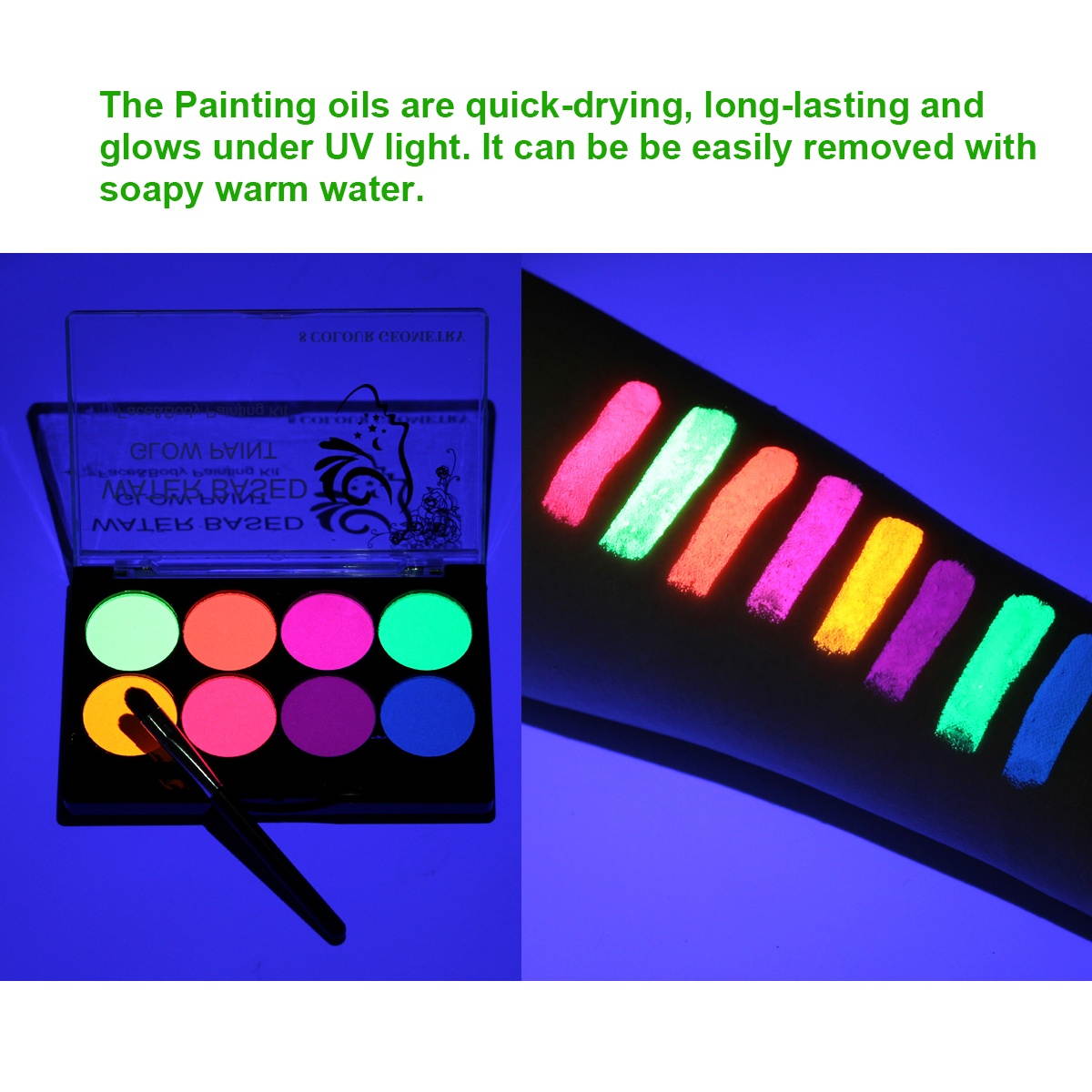 Face Body Painting Kit Professional Water Based Glow Paint 8 Color with 1 Paintbrush Non-Toxic Tasteless for Halloween Costume Makeup Party Performance