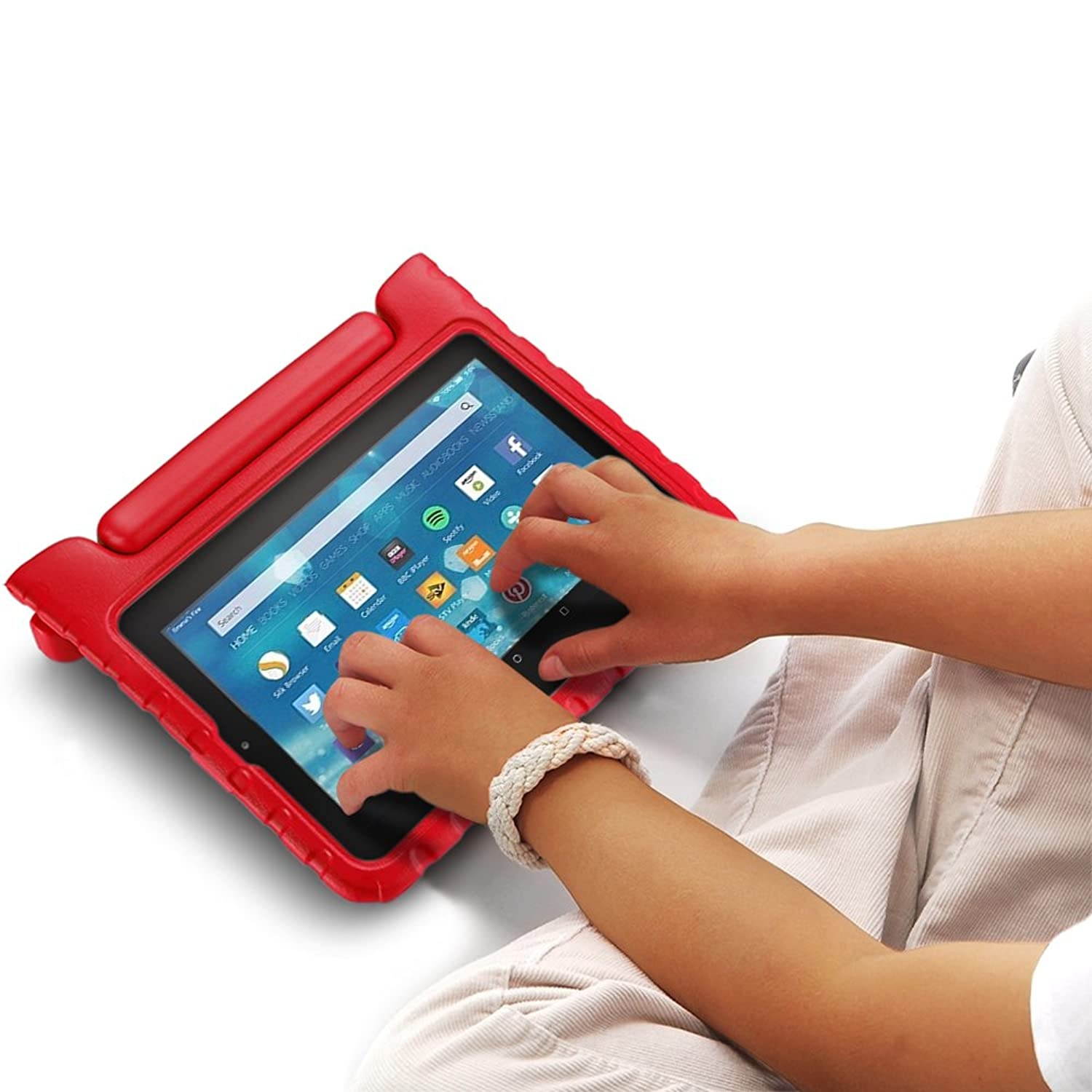 TNP Shock Proof Case for All New Fire 7 Tablet (7th Gen, 2017 Release) - For Kid Friendly Child Proof Anti Slip Impact Drop Light Weight Convertible Handle Stand Cover Protective Case (Red)