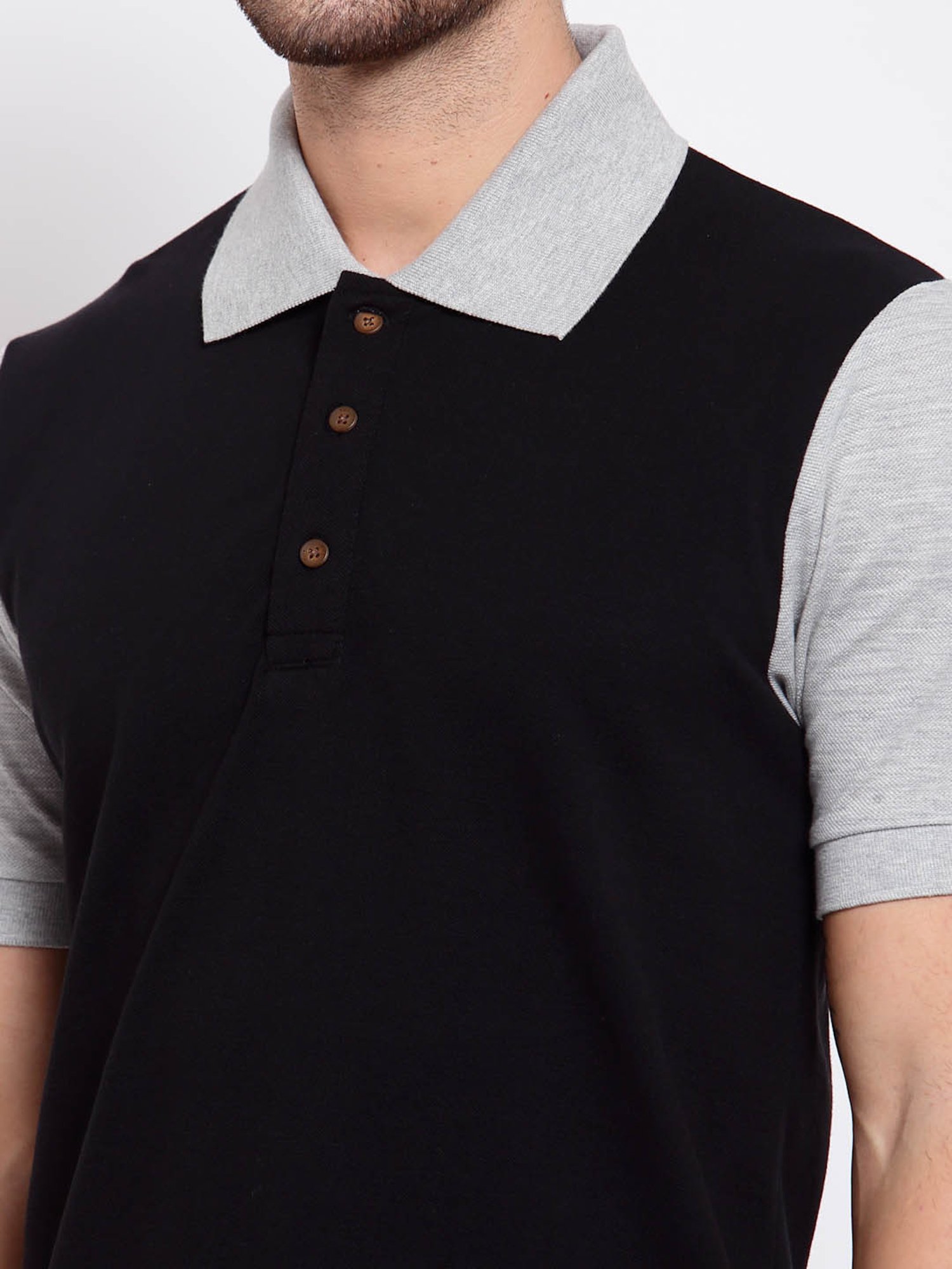 Kalt Black & Light Grey Regular Fit Colour-Block Polo T-Shirt