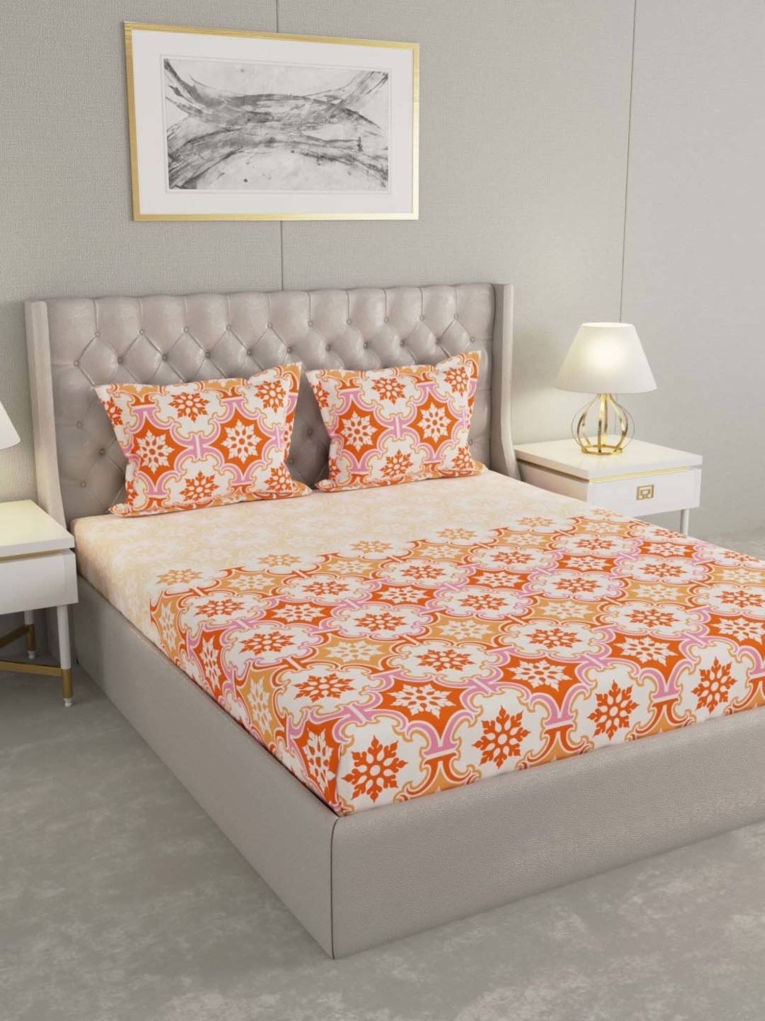 Raymond Home Shubham Orange 120 TC Cotton King Bedsheet with 2 Pillow Covers